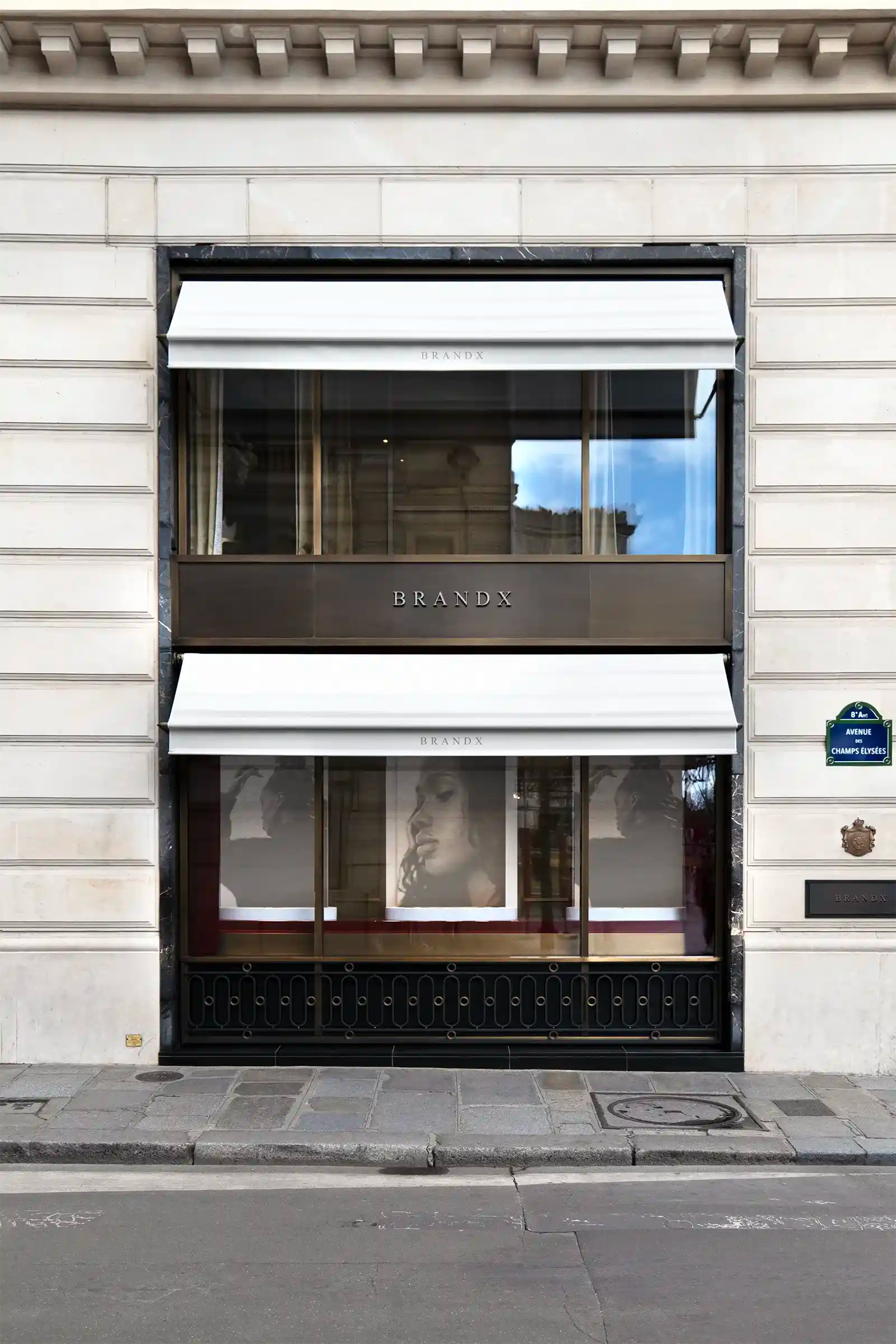 Storefront mockup on the Champs Elysees avenue in Paris, France. PSD Shop Mockup on Photoshop for your design 1
