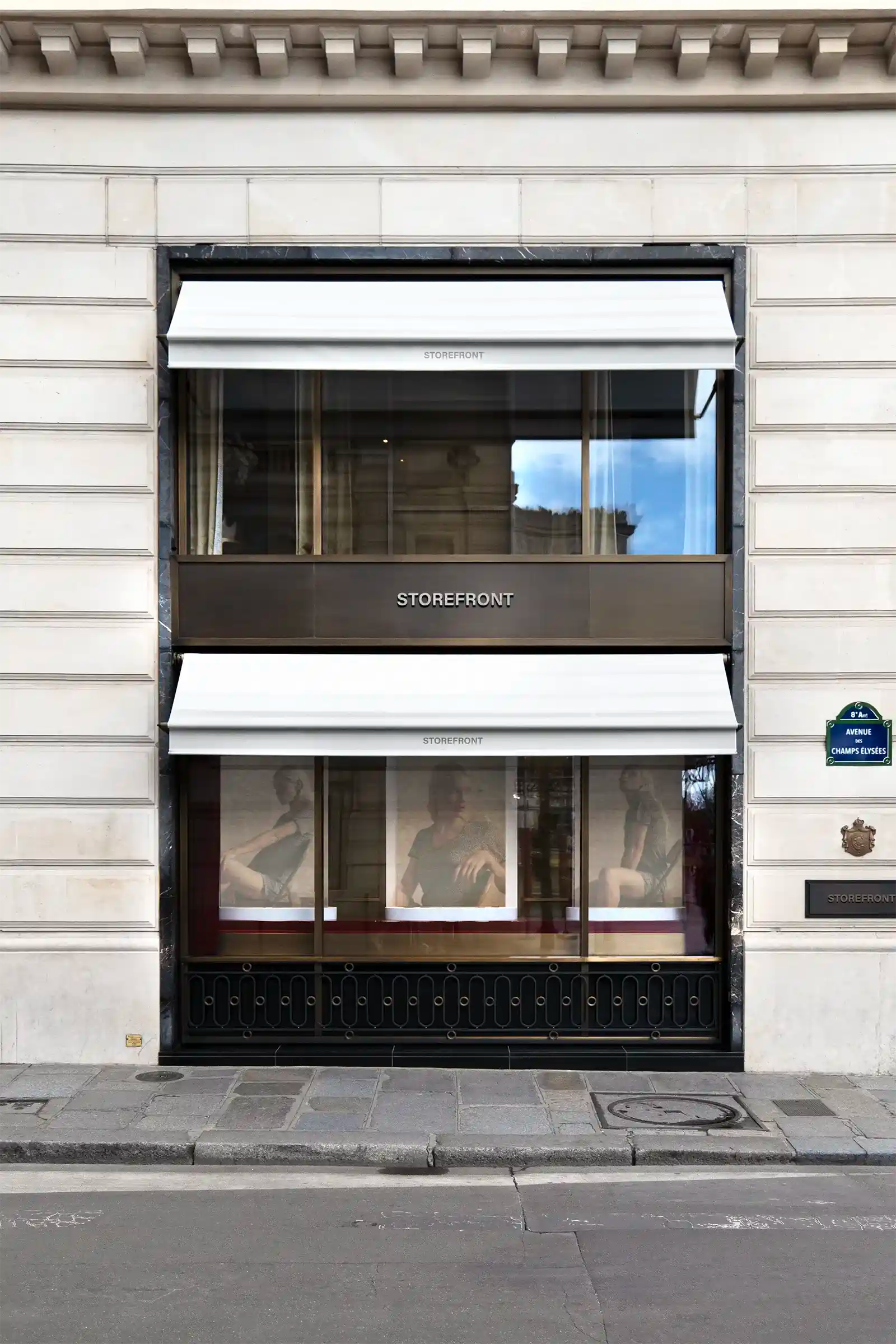 Storefront mockup on the Champs Elysees avenue in Paris, France. PSD Shop Mockup on Photoshop for your design 2