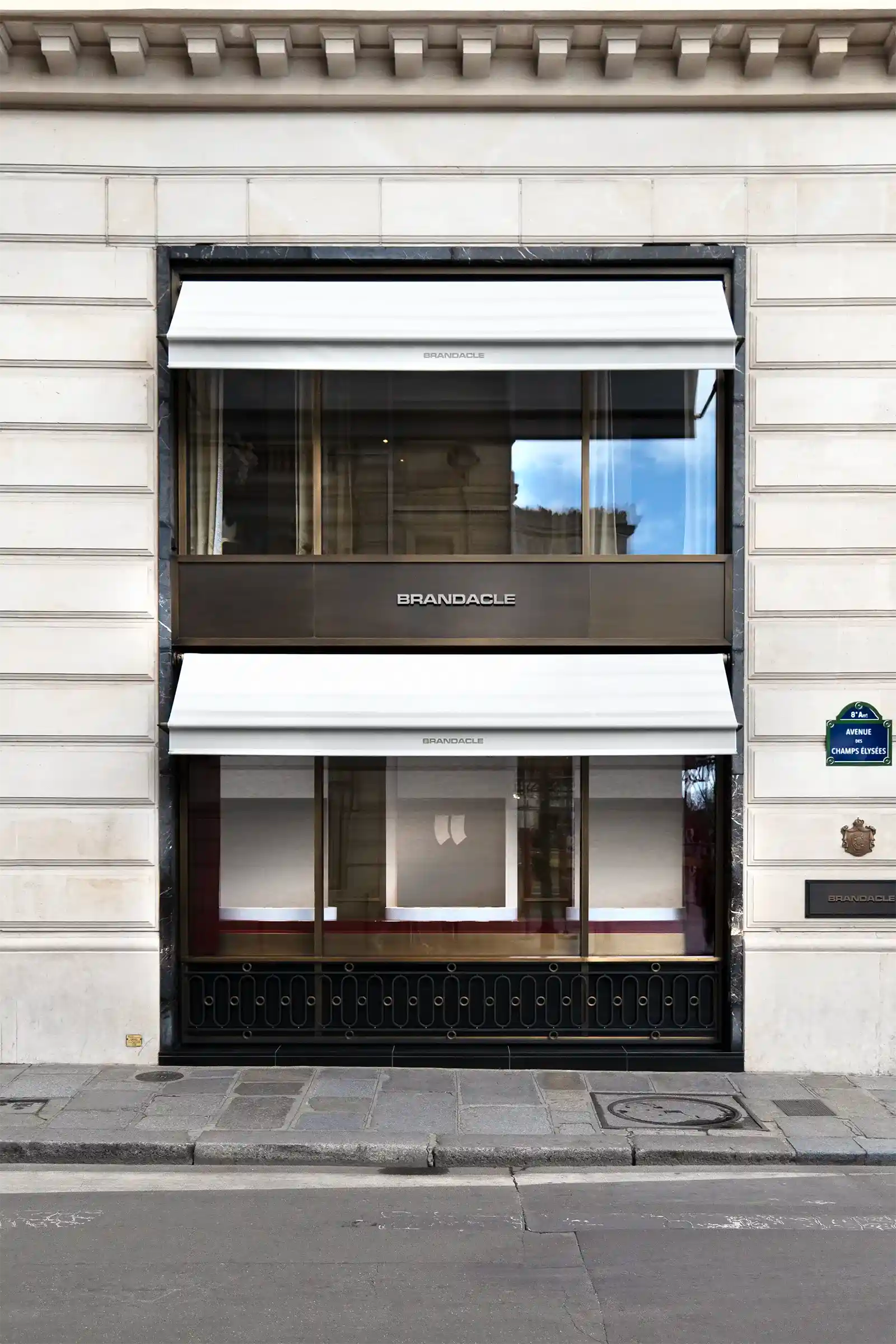 Storefront mockup on the Champs Elysees avenue in Paris, France. PSD Shop Mockup on Photoshop for your design 3