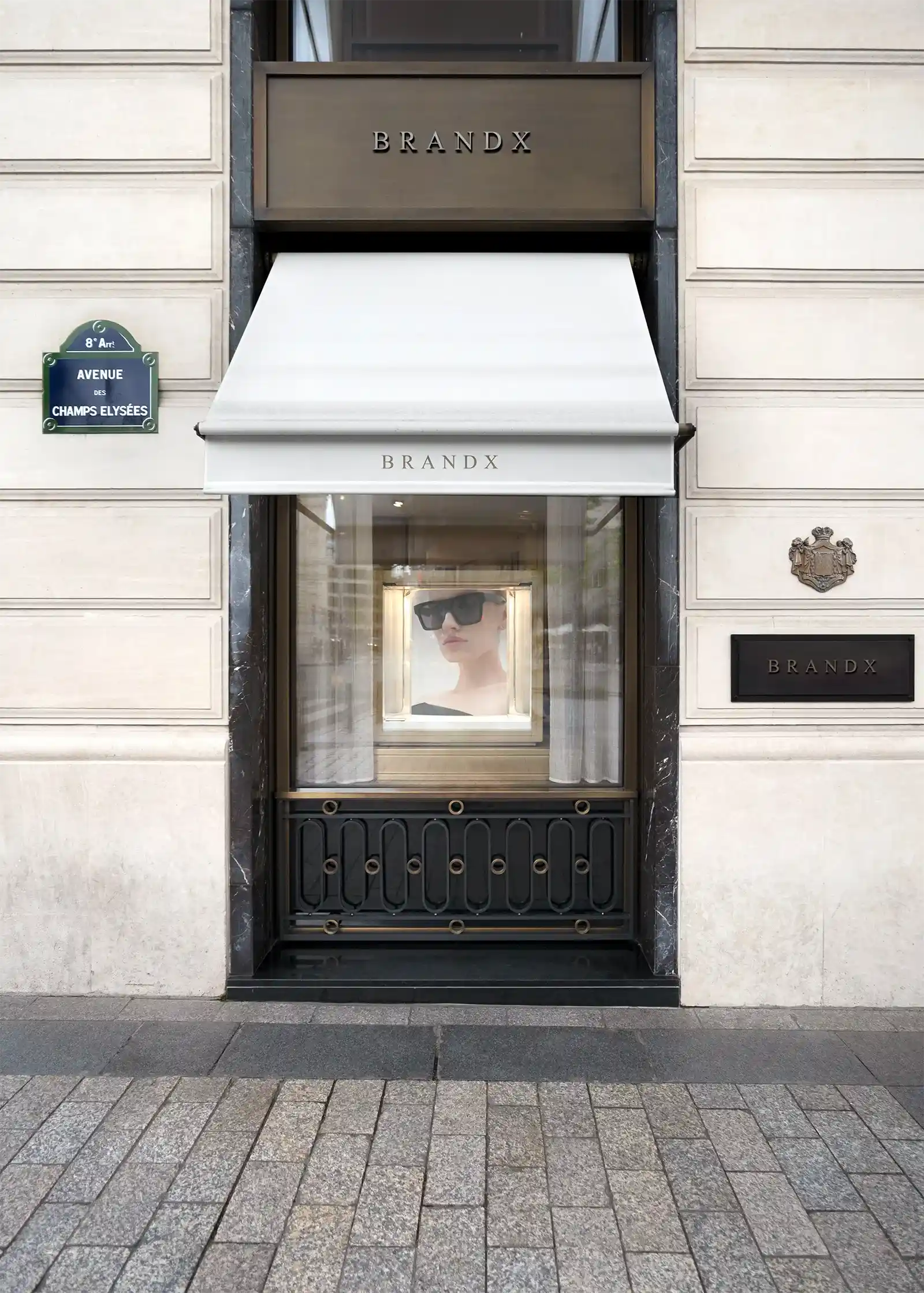 Storefront mockup on the Champs Elysees avenue in Paris, France