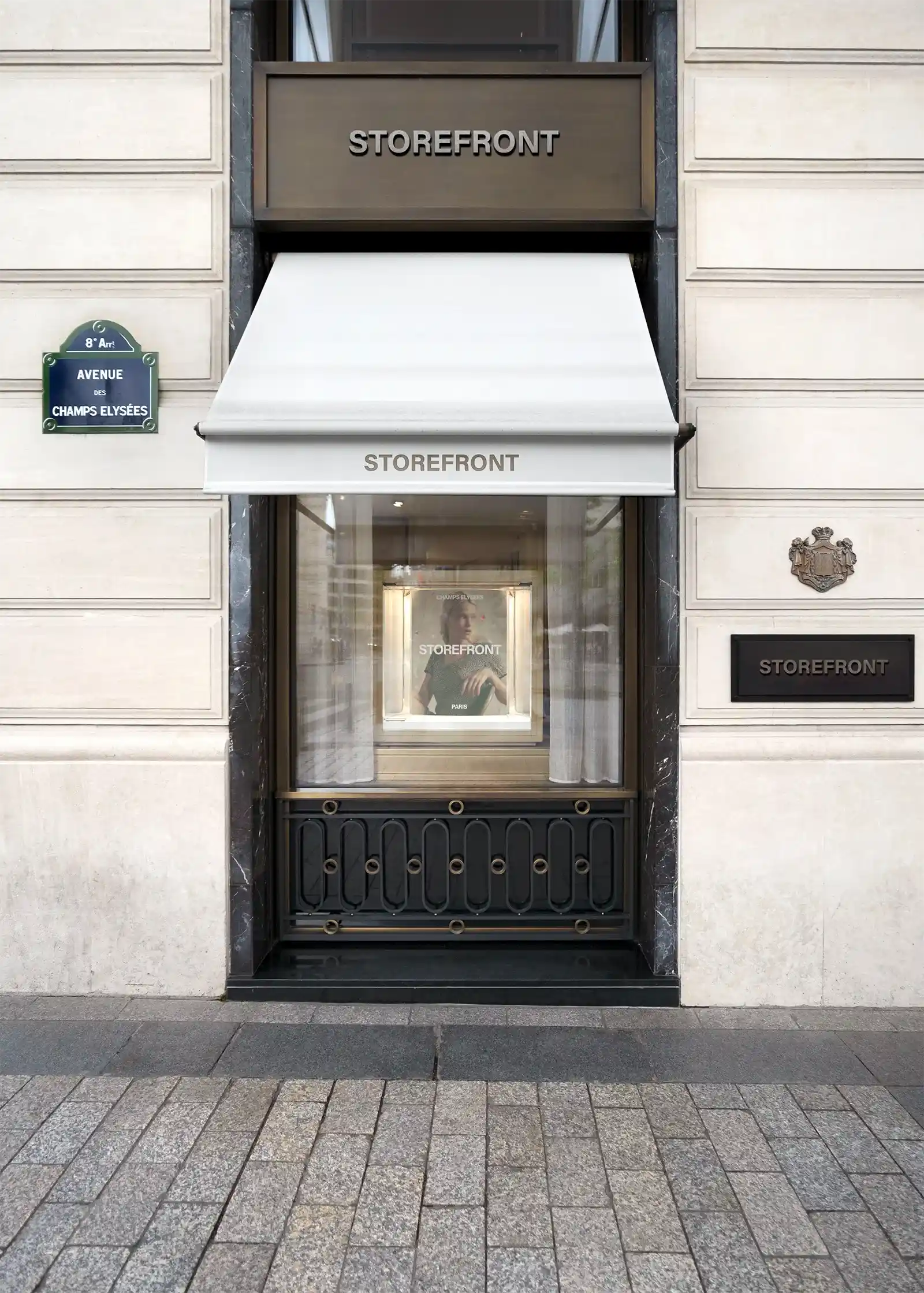 Storefront mockup on the Champs Elysees avenue in Paris, France