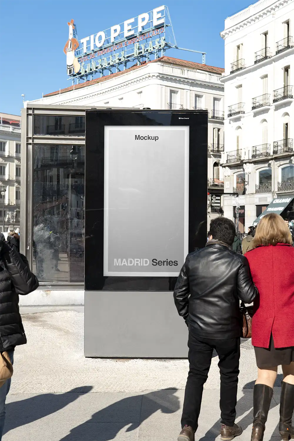 Billboard mockup in Madrid on the Puerta del Sol Square in Spain. © BRANDACLE MOCKUPS 2026. All rights reserved.