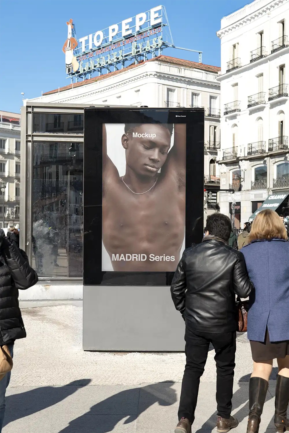Billboard mockup in Madrid on the Puerta del Sol Square in Spain. © BRANDACLE MOCKUPS 2026. All rights reserved.