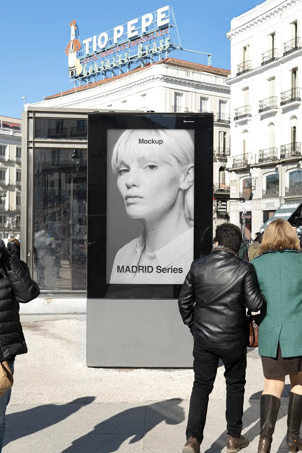 Billboard mockup in Madrid on the Puerta del Sol Square in Spain. © BRANDACLE MOCKUPS 2026. All rights reserved.