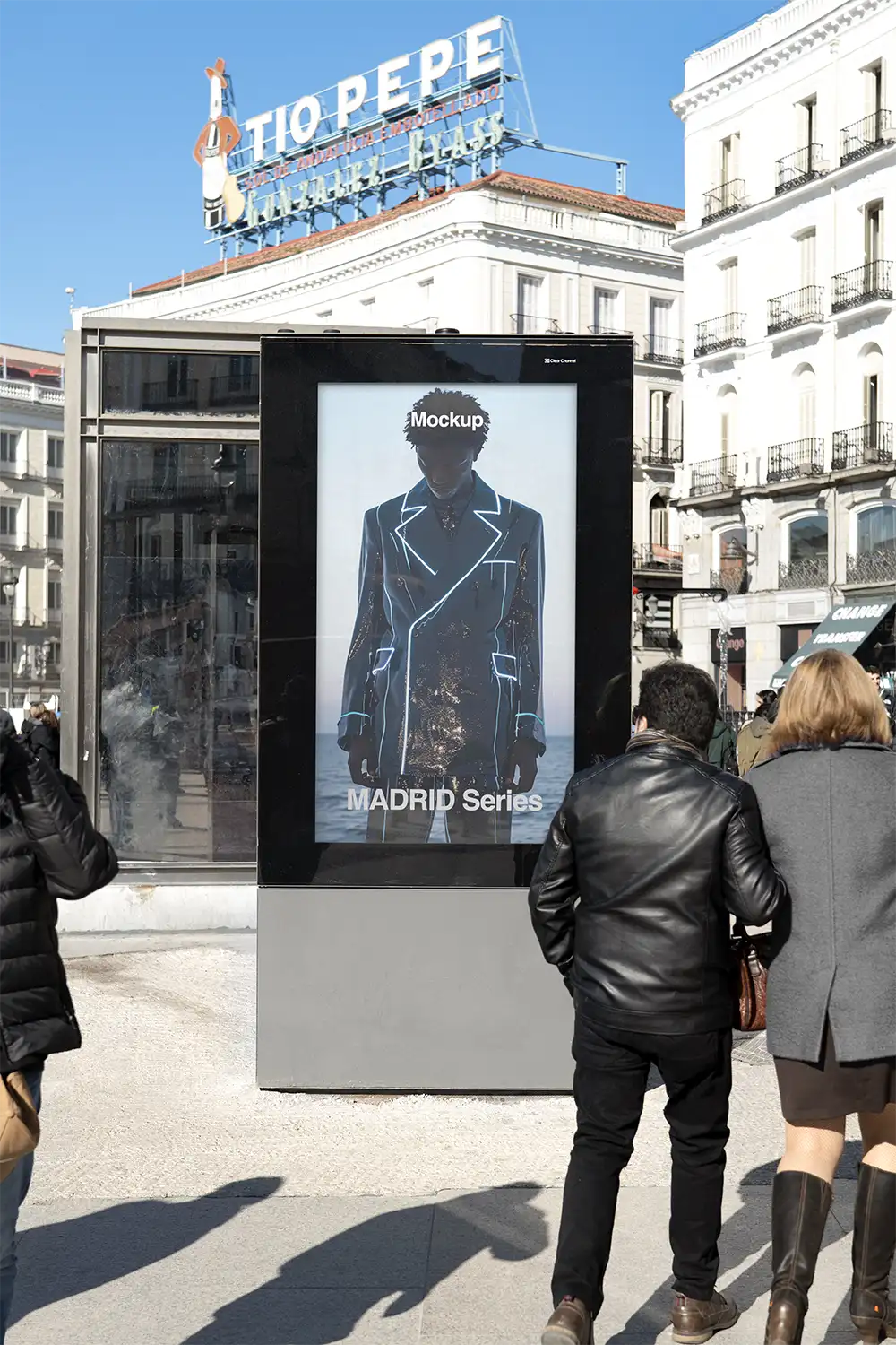 Billboard mockup in Madrid on the Puerta del Sol Square in Spain. © BRANDACLE MOCKUPS 2026. All rights reserved.