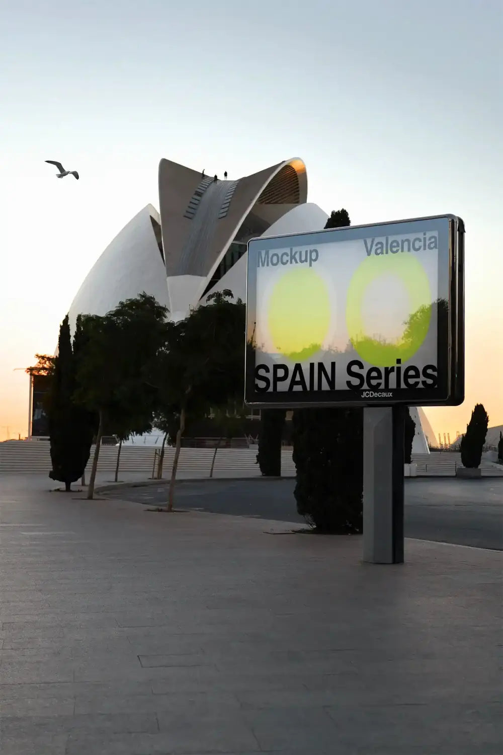 Billboard mockup by the Opera House in Valencia, Spain. © BRANDACLE MOCKUPS 2026