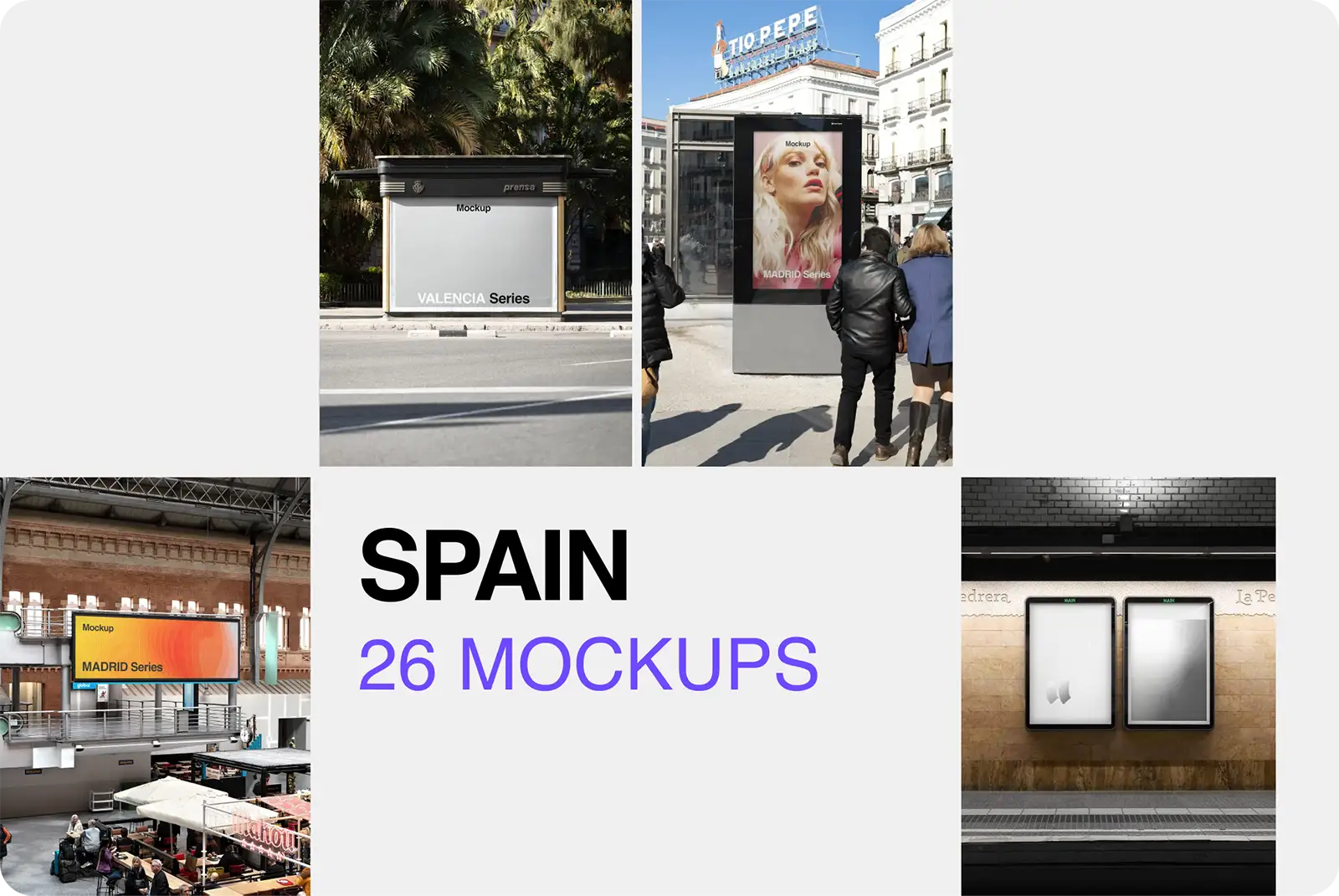SPAIN COLLECTION MOCKUPS BUNDLE - Billboards and posters in Madrid, Barcelona and Valencia. © BRANDACLE MOCKUPS 2026. All rights reserved.