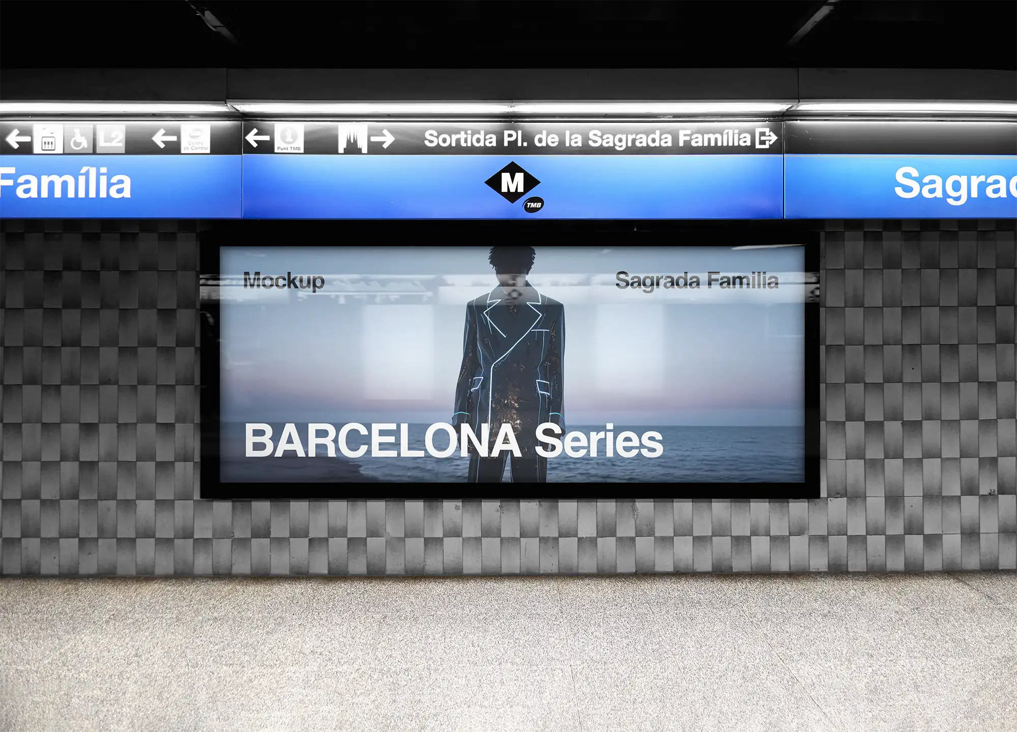 Billboard mockup in Barcelona, Spain, at Sagrada Familia subway station. © BRANDACLE MOCKUPS 2026. All rights reserved.