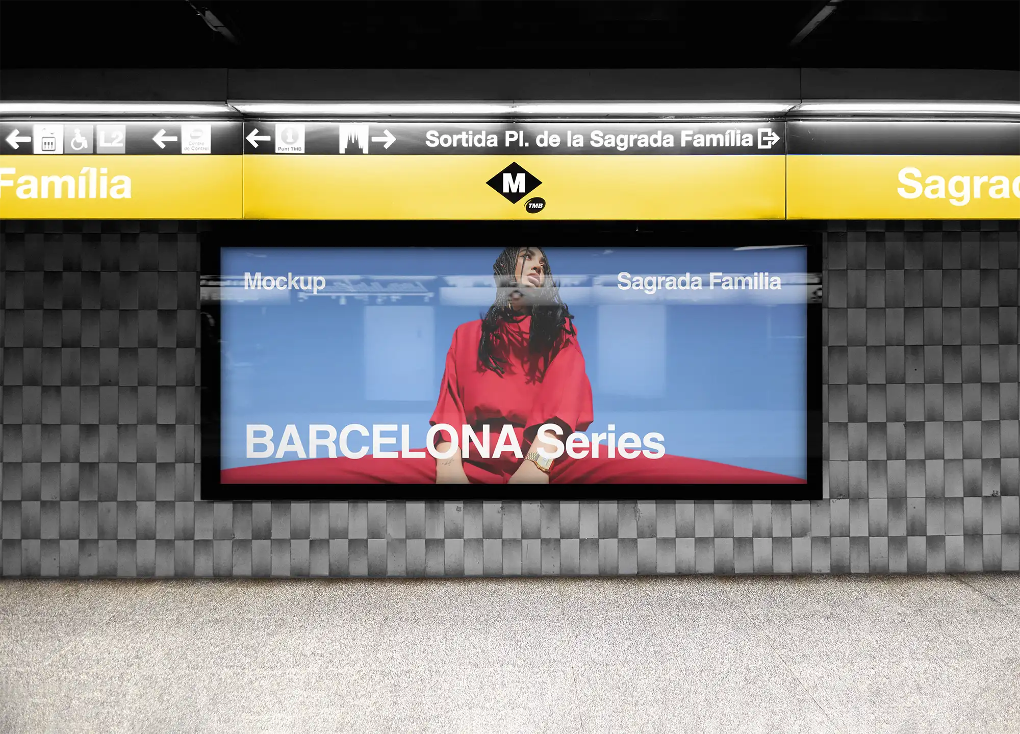 Billboard mockup in Barcelona, Spain, at Sagrada Familia subway station. © BRANDACLE MOCKUPS 2026. All rights reserved.