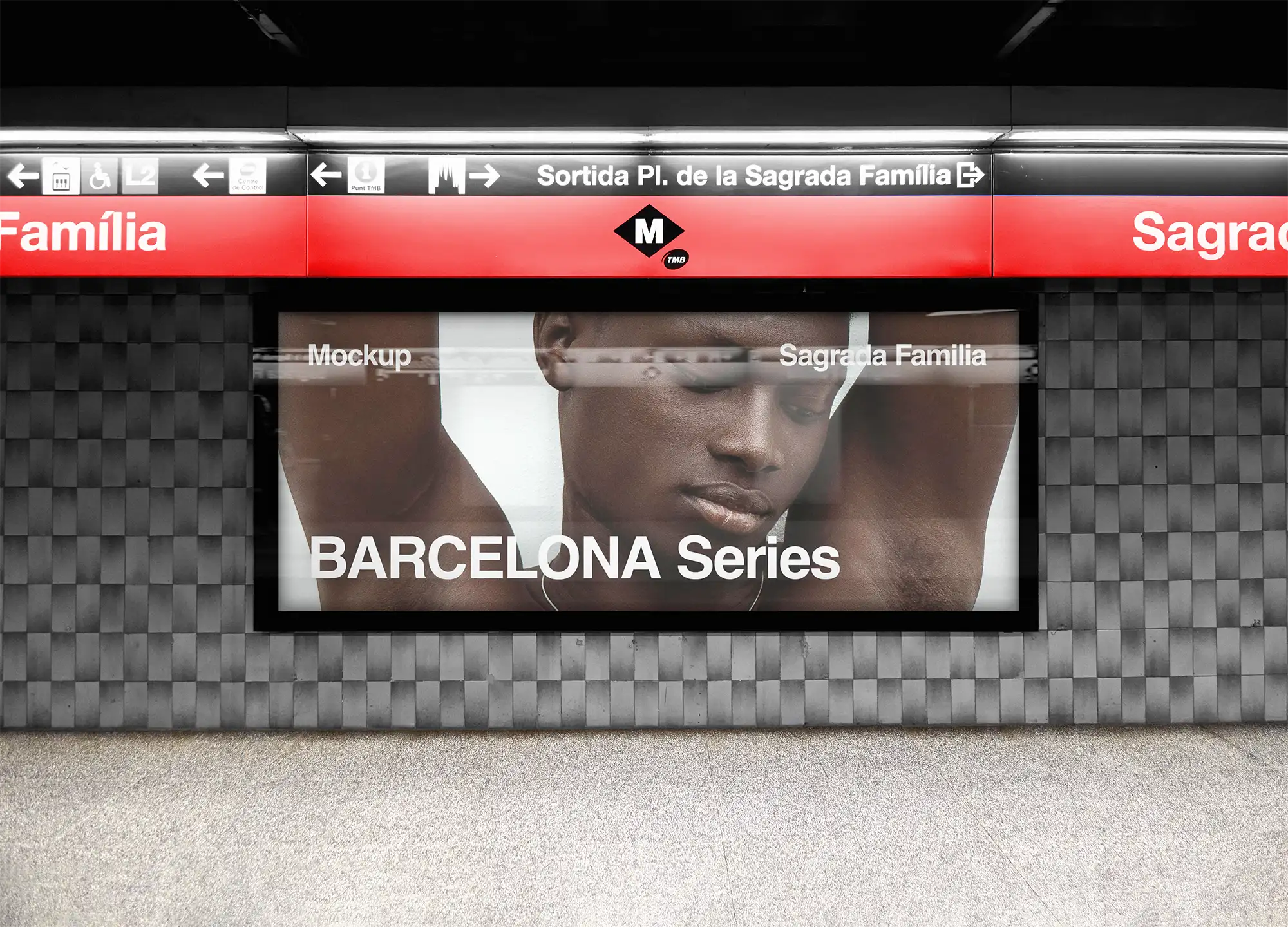 Billboard mockup in Barcelona, Spain, at Sagrada Familia subway station. © BRANDACLE MOCKUPS 2026. All rights reserved.
