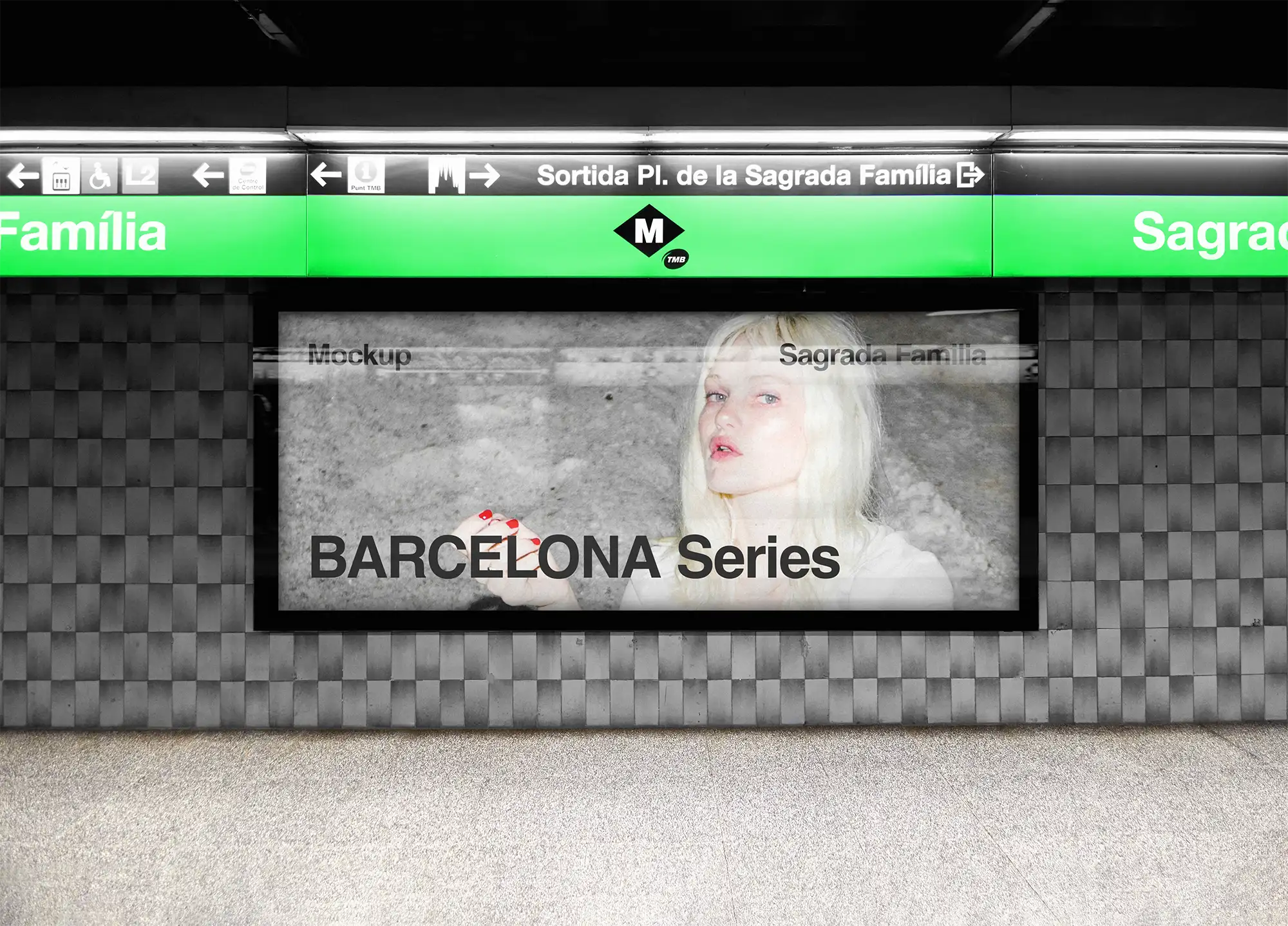 Billboard mockup in Barcelona, Spain, at Sagrada Familia subway station. © BRANDACLE MOCKUPS 2026. All rights reserved.