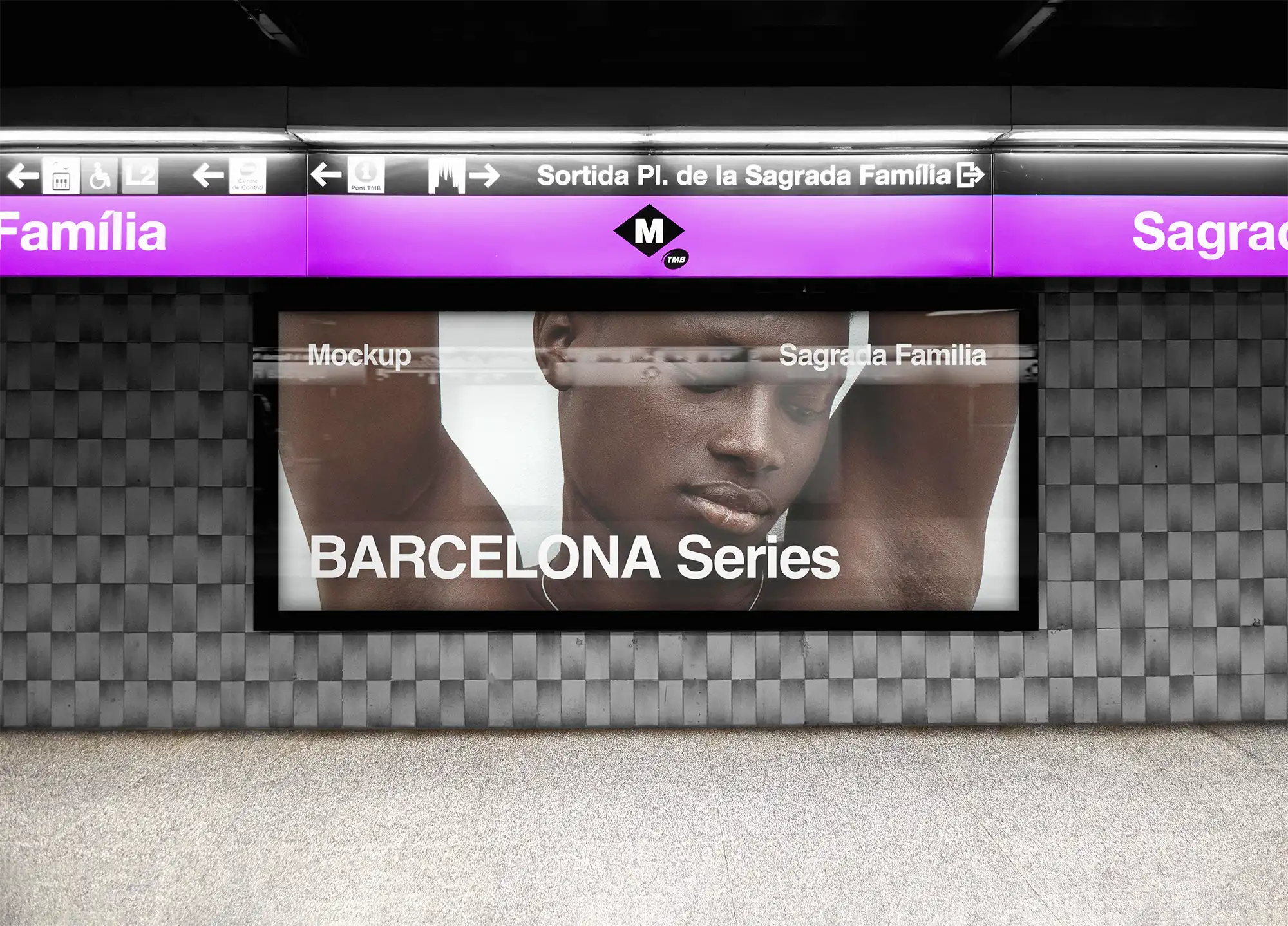 Billboard mockup in Barcelona, Spain, at Sagrada Familia subway station. © BRANDACLE MOCKUPS 2026. All rights reserved.