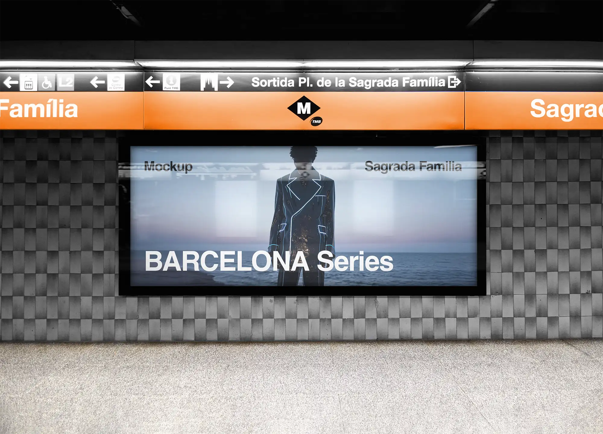 Billboard mockup in Barcelona, Spain, at Sagrada Familia subway station. © BRANDACLE MOCKUPS 2026. All rights reserved.