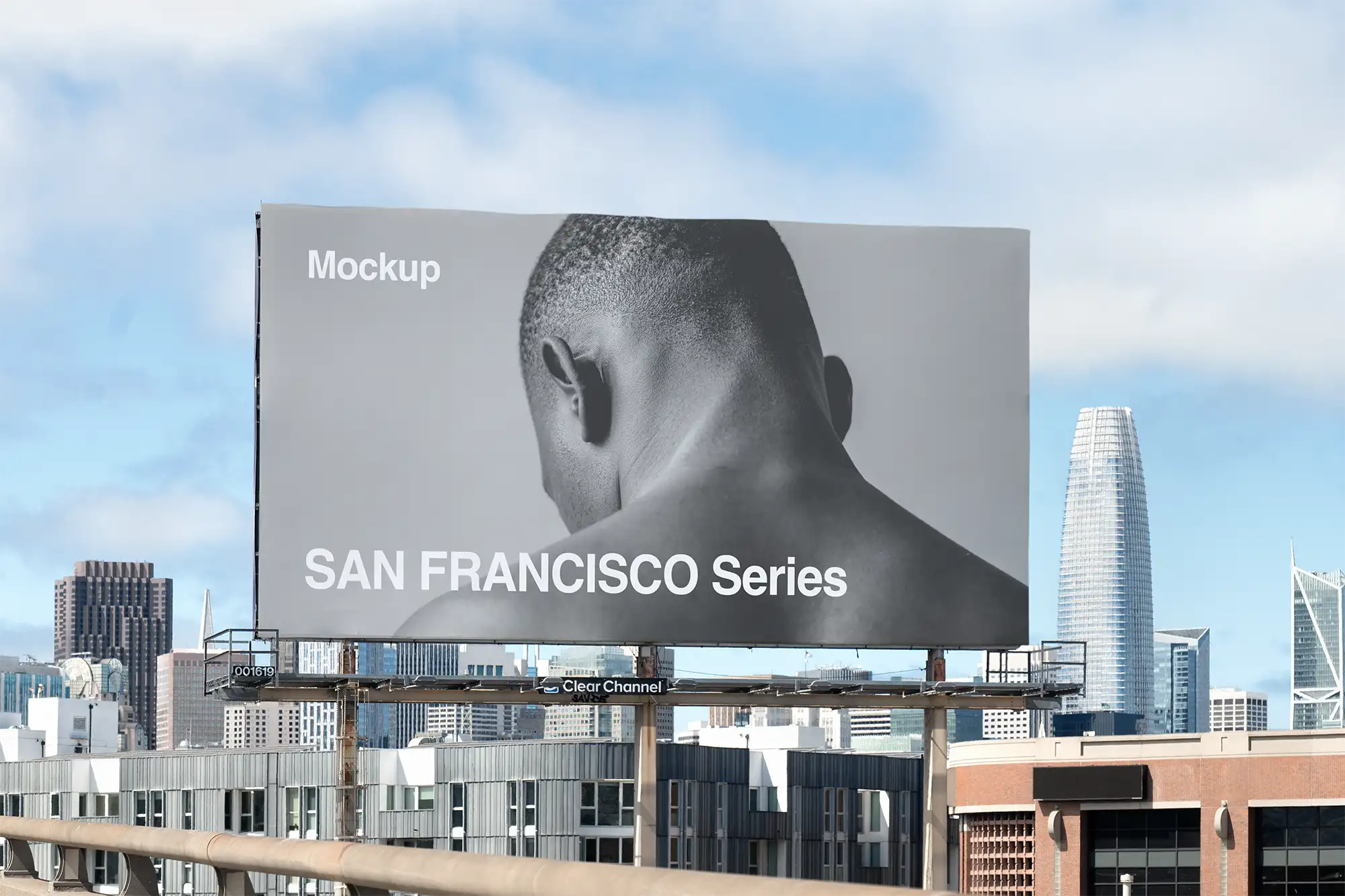 Billboard mockup in front of the skyline in San Francisco, California