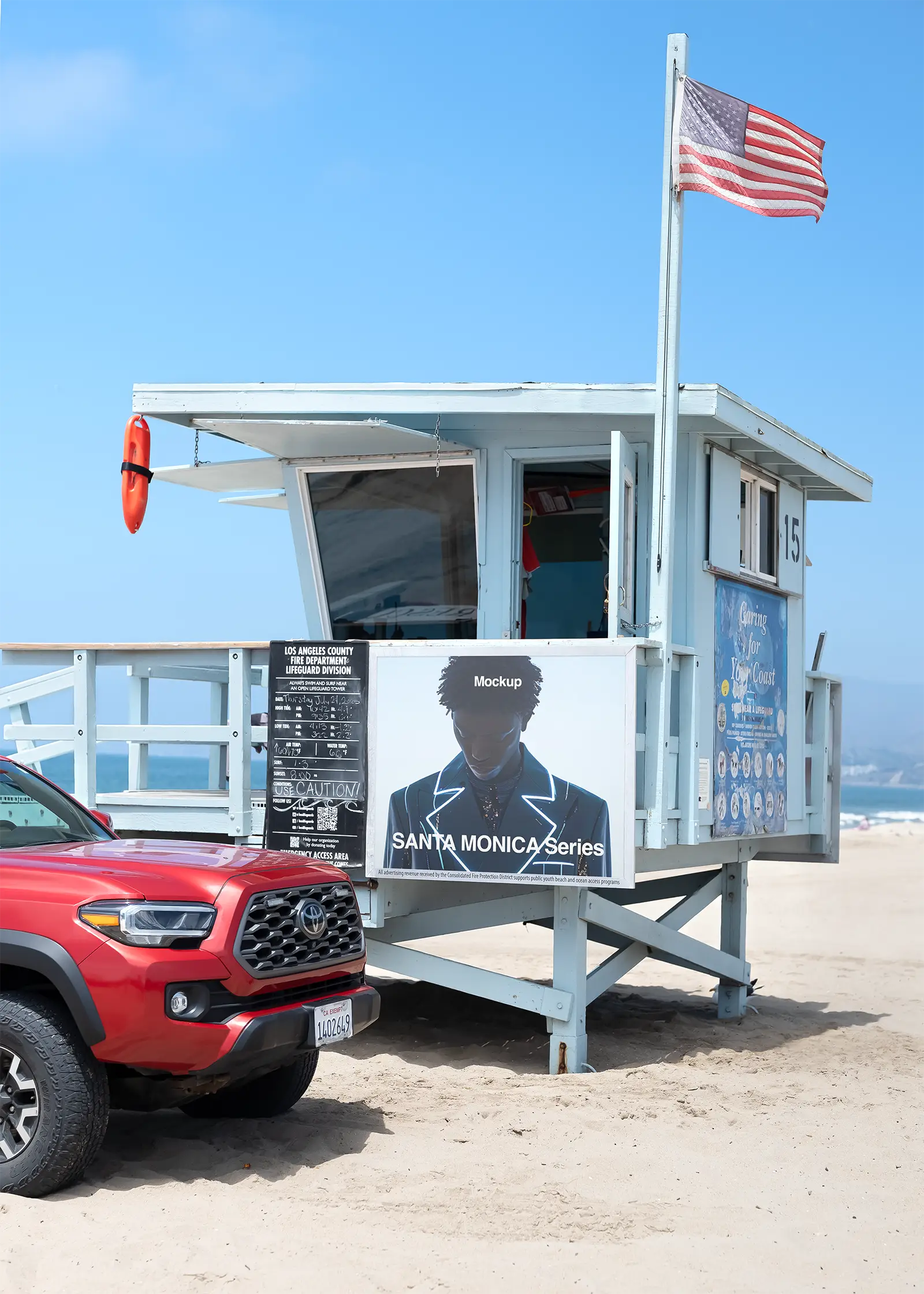 Poster mockup on a lifeguard tower in Santa Monica, Los Angeles, California