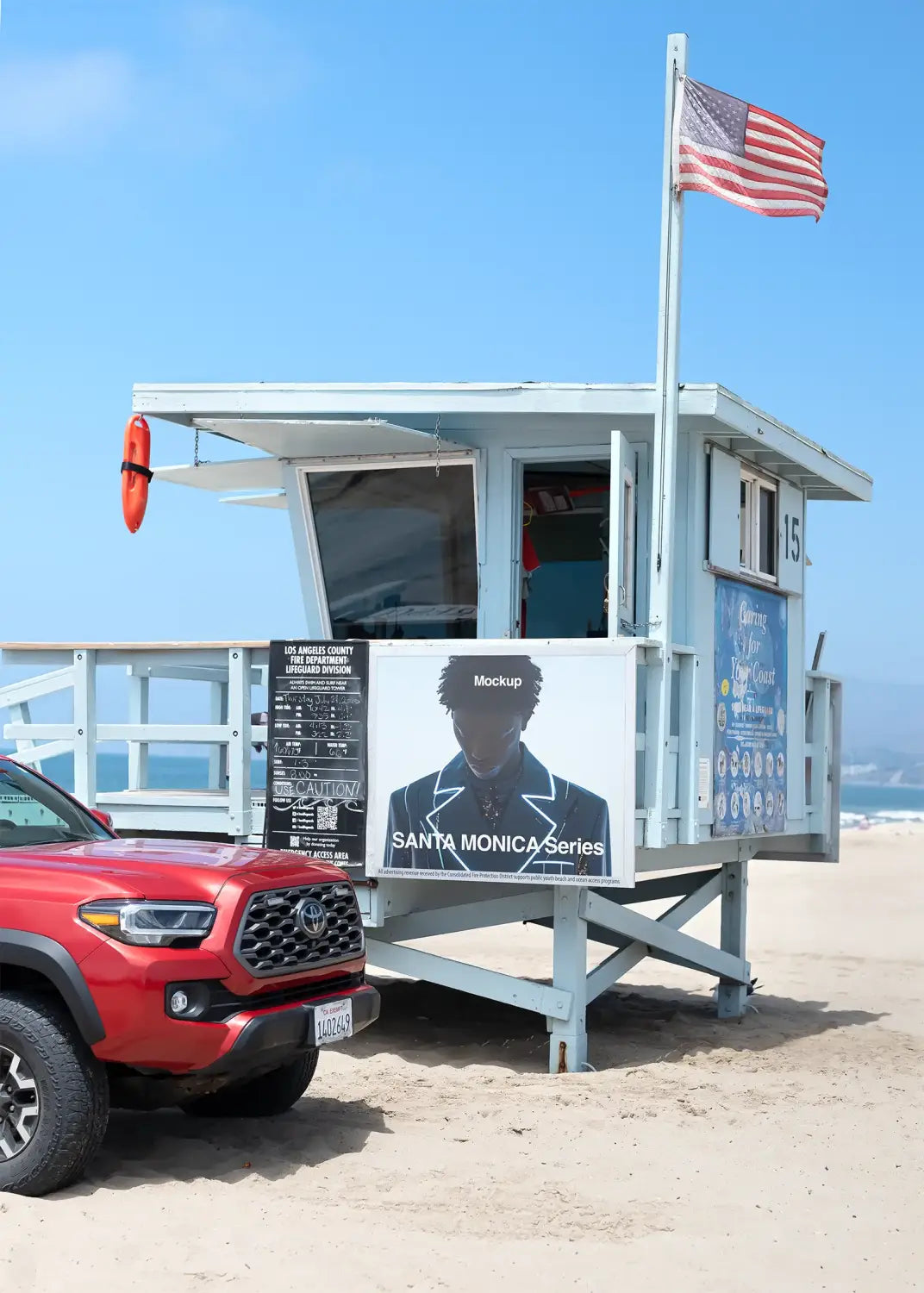 Poster mockup on a lifeguard tower in Santa Monica, Los Angeles, California © BRANDACLE MOCKUPS 2026. 