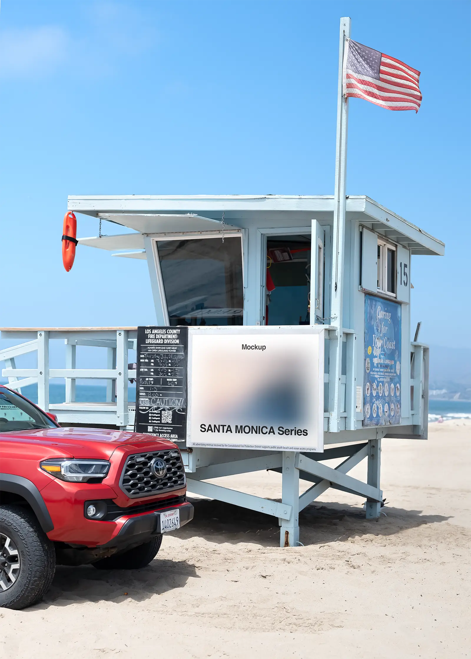 Poster mockup on a lifeguard tower in Santa Monica, Los Angeles, California