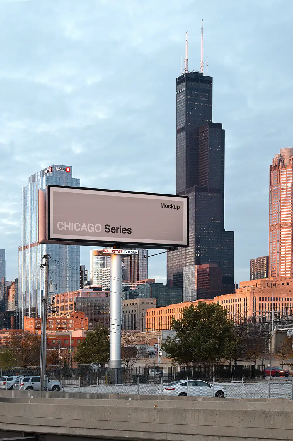 Billboard mockup  in Chicago in front of the Sears Tower. © BRANDACLE MOCKUPS 2026. 