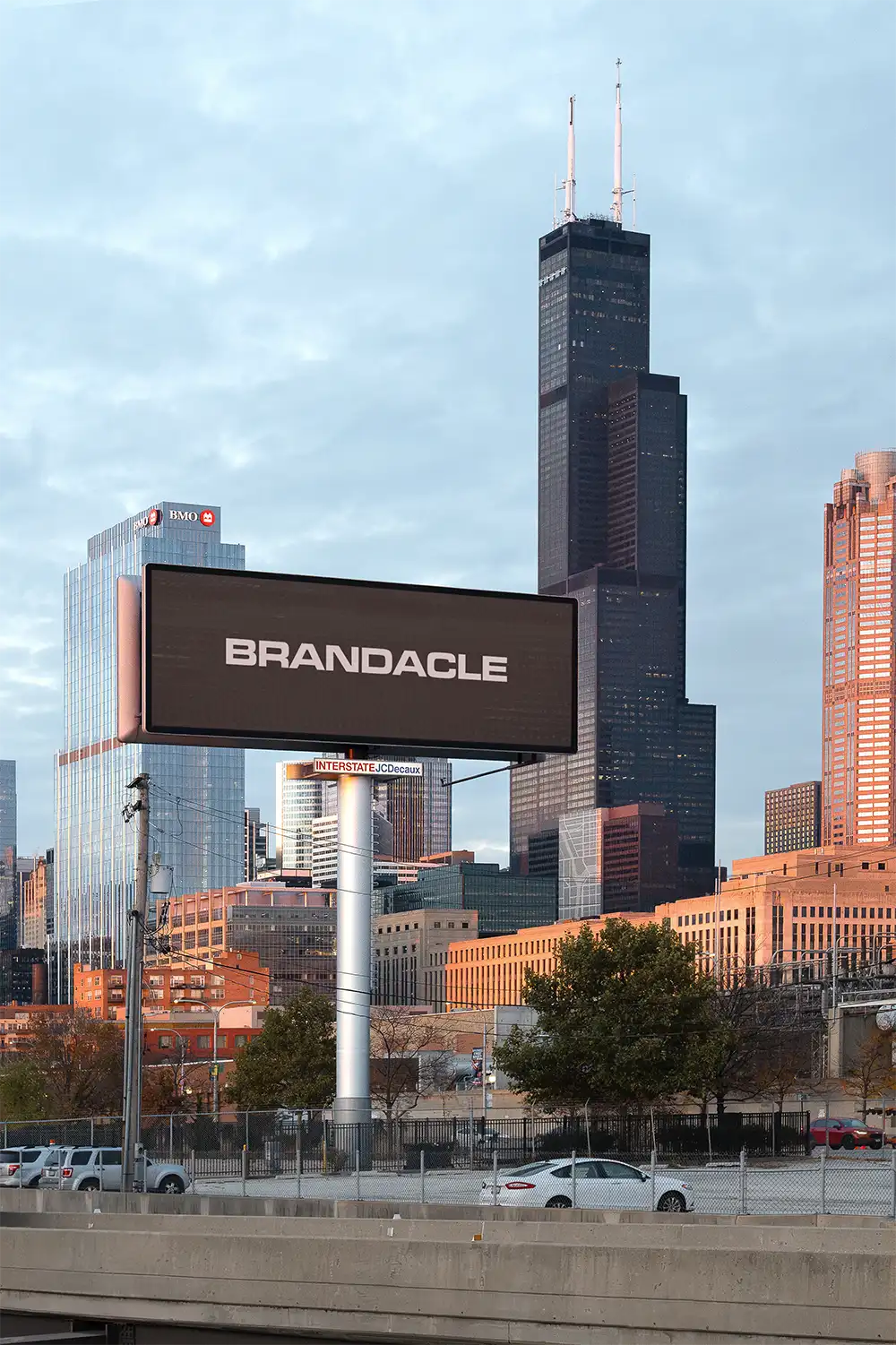 Billboard mockup  in Chicago in front of the Sears Tower. © BRANDACLE MOCKUPS 2026. 