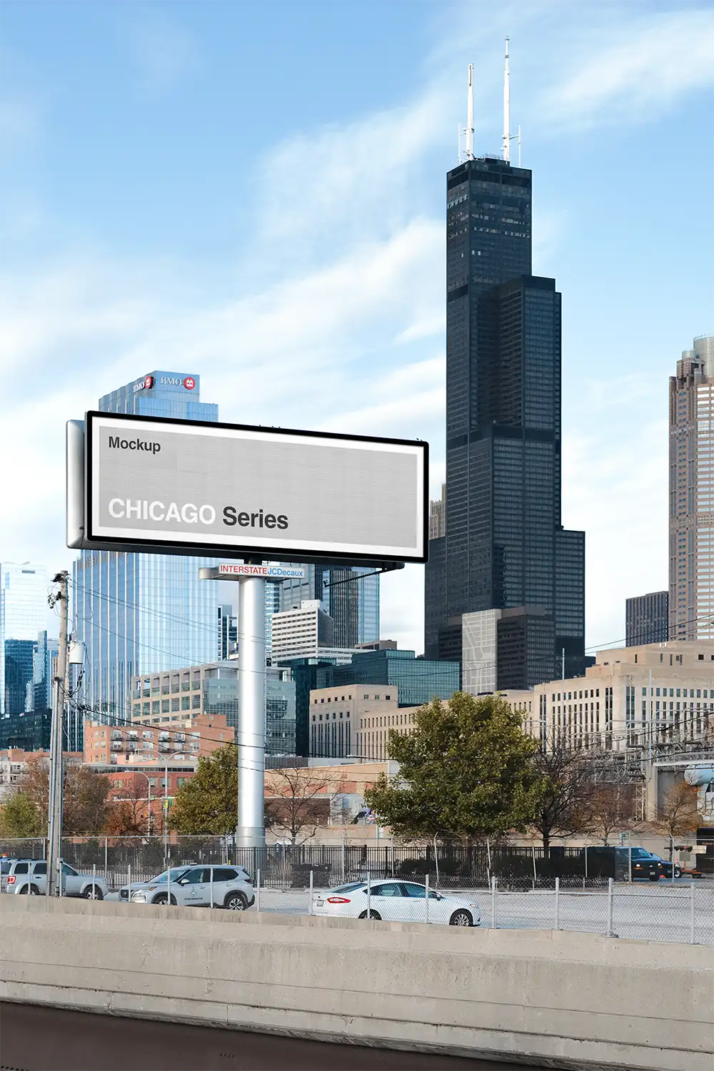 Billboard mockup in Chicago, Illinois, against the backdrop of the Sears Tower
