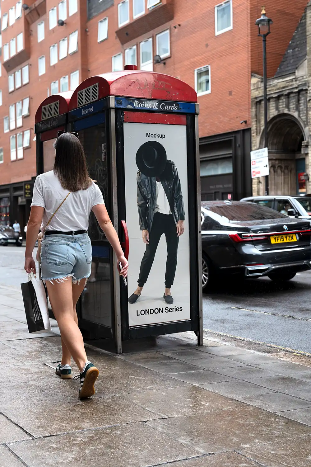 Poster mockup on a phone booth in London