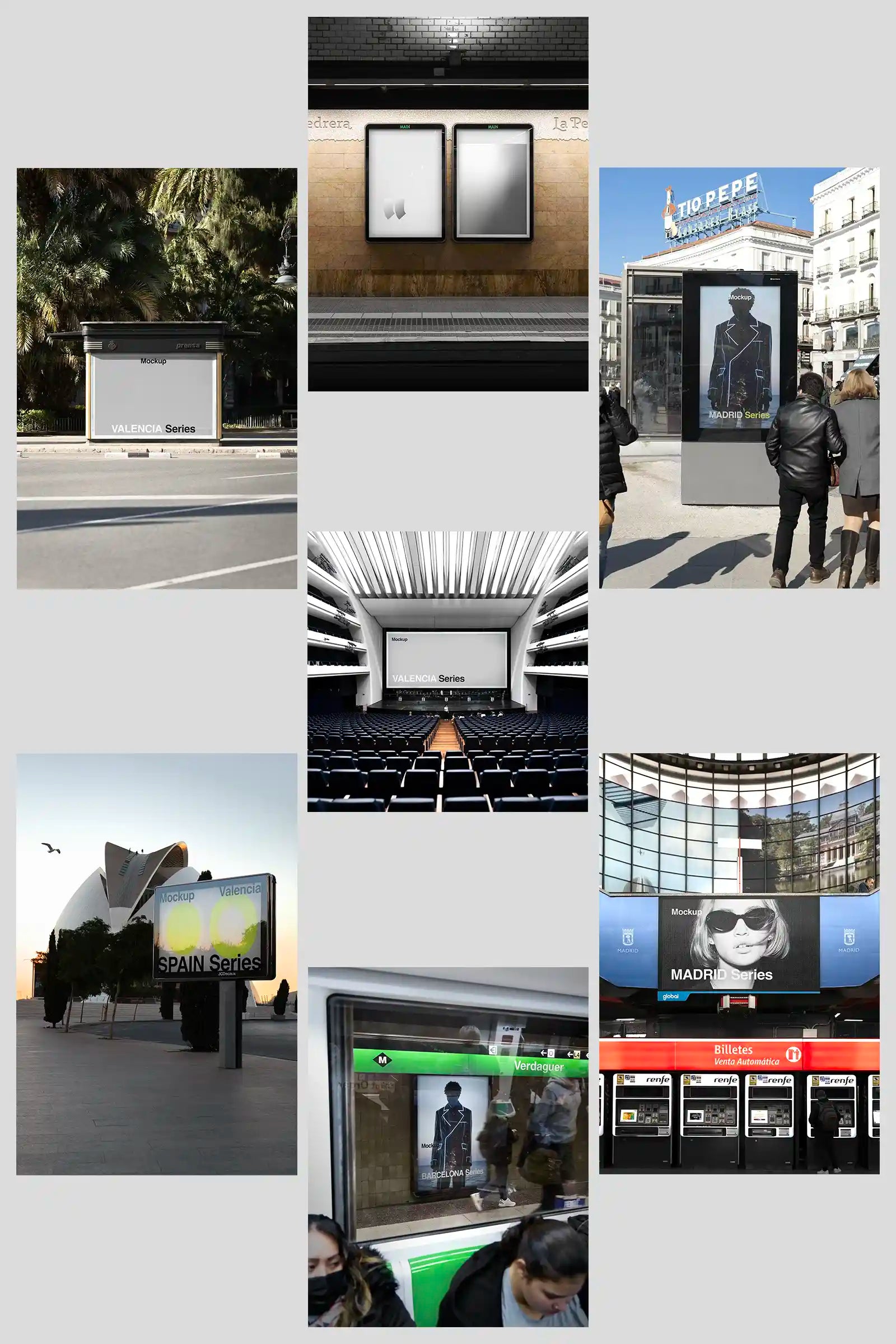 Bundle of Mockups in Valencia, Madrid and Barcelona in Spain. PSD Poster mockup for your design on photoshop