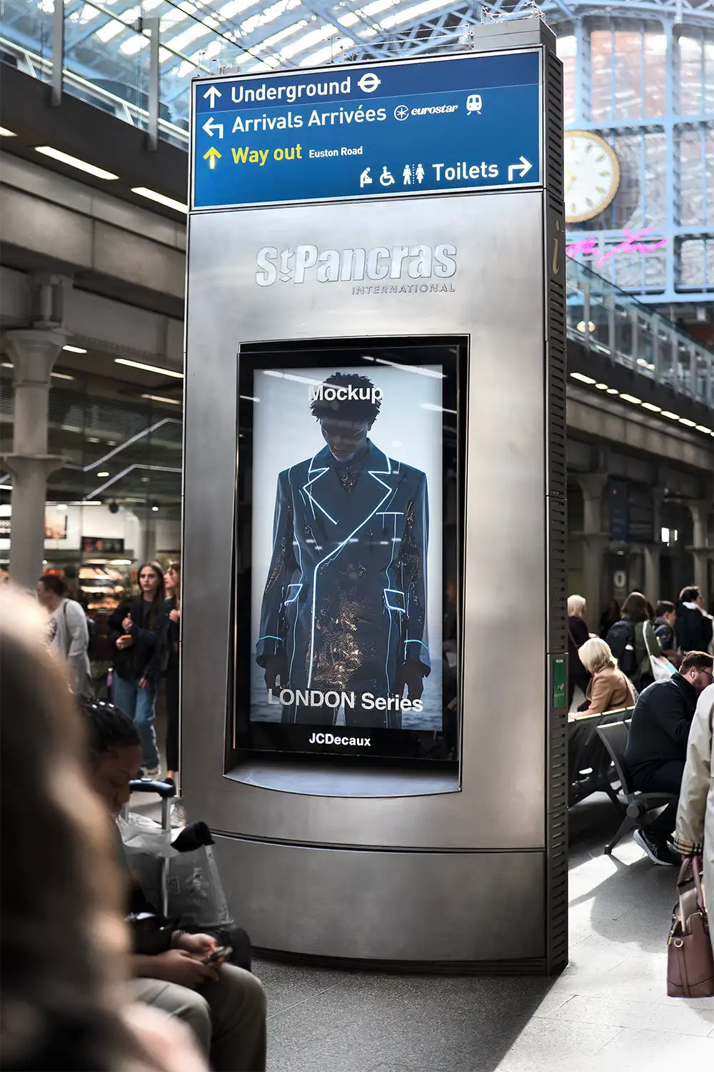Billboard mockup in London St Pancras Train Station. © BRANDACLE MOCKUPS 2026. All rights reserved.