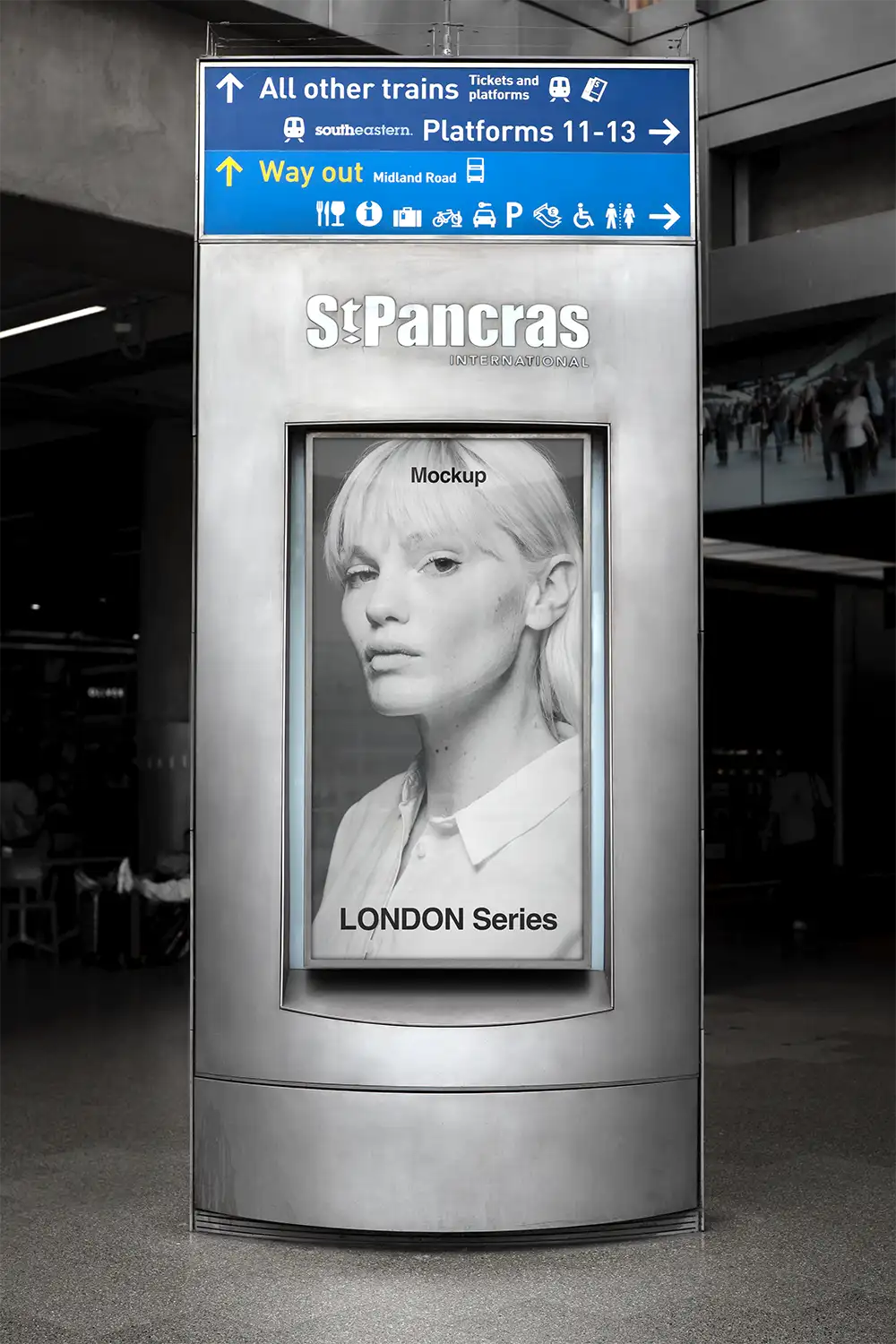 Billboard mockup at St Pancras Train Station at the exit of the London Underground