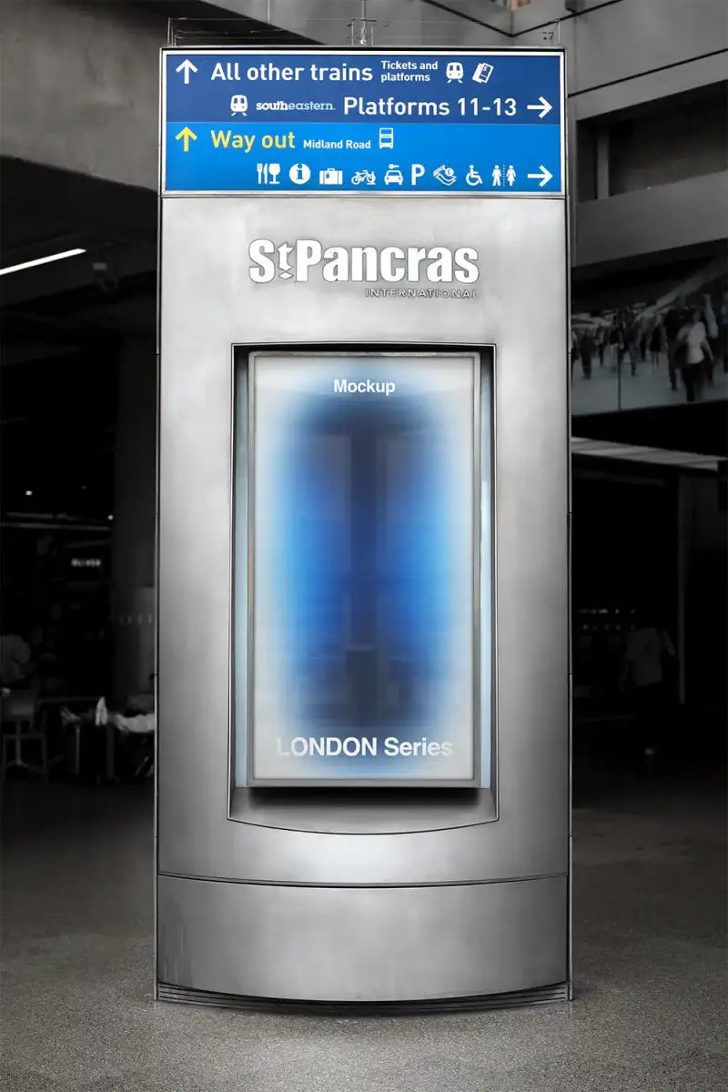 Billboard mockup at St Pancras Train Station at the exit of the London Underground