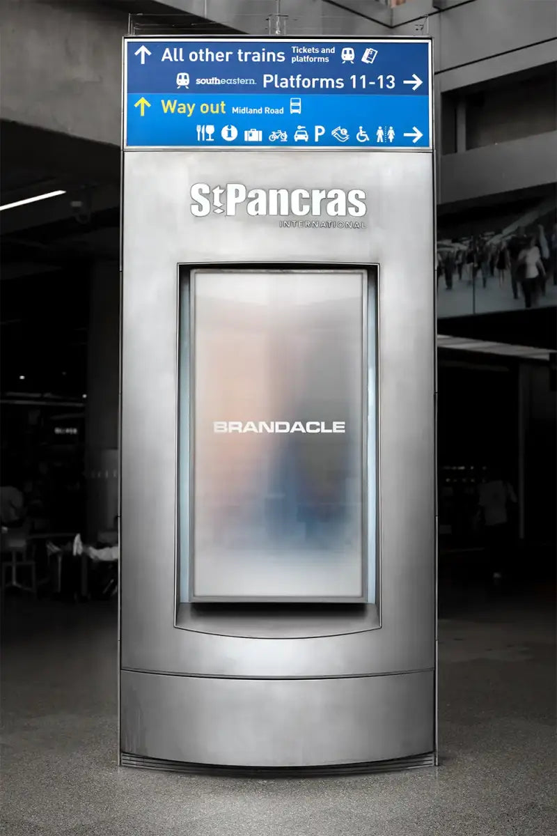 Billboard mockup at St Pancras Train Station at the exit of the London Underground