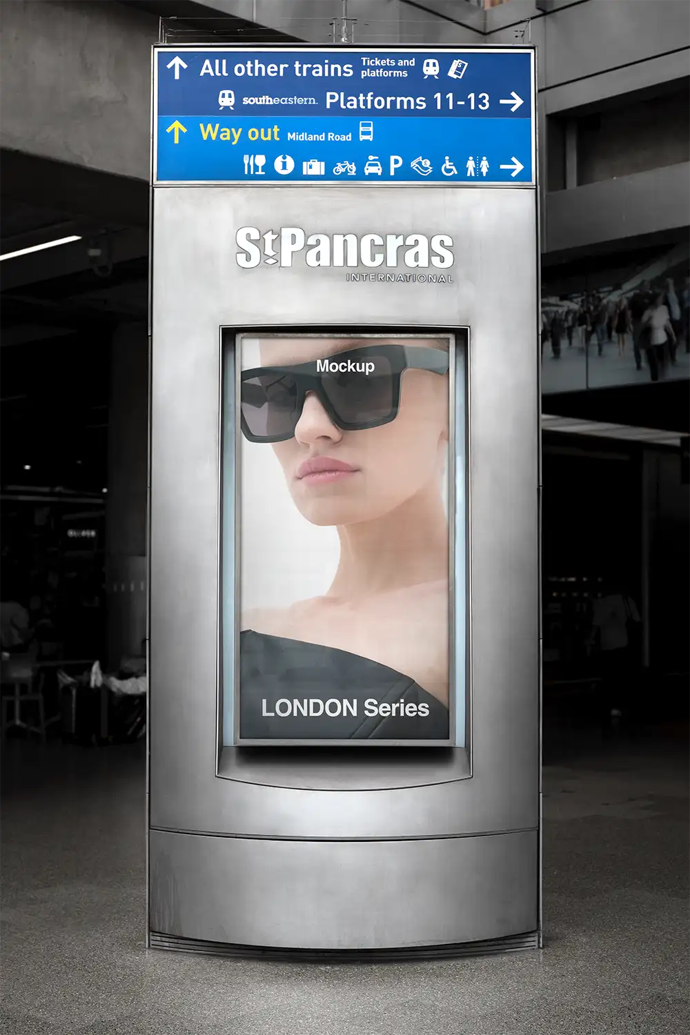 Billboard mockup at St Pancras Train Station at the exit of the London Underground