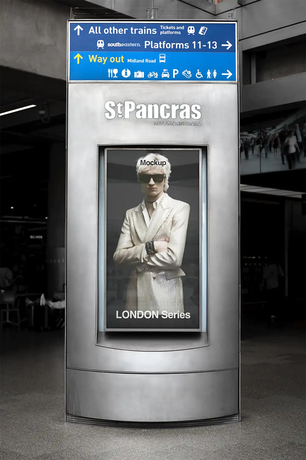 Billboard mockup at St Pancras Train Station at the exit of the London Underground