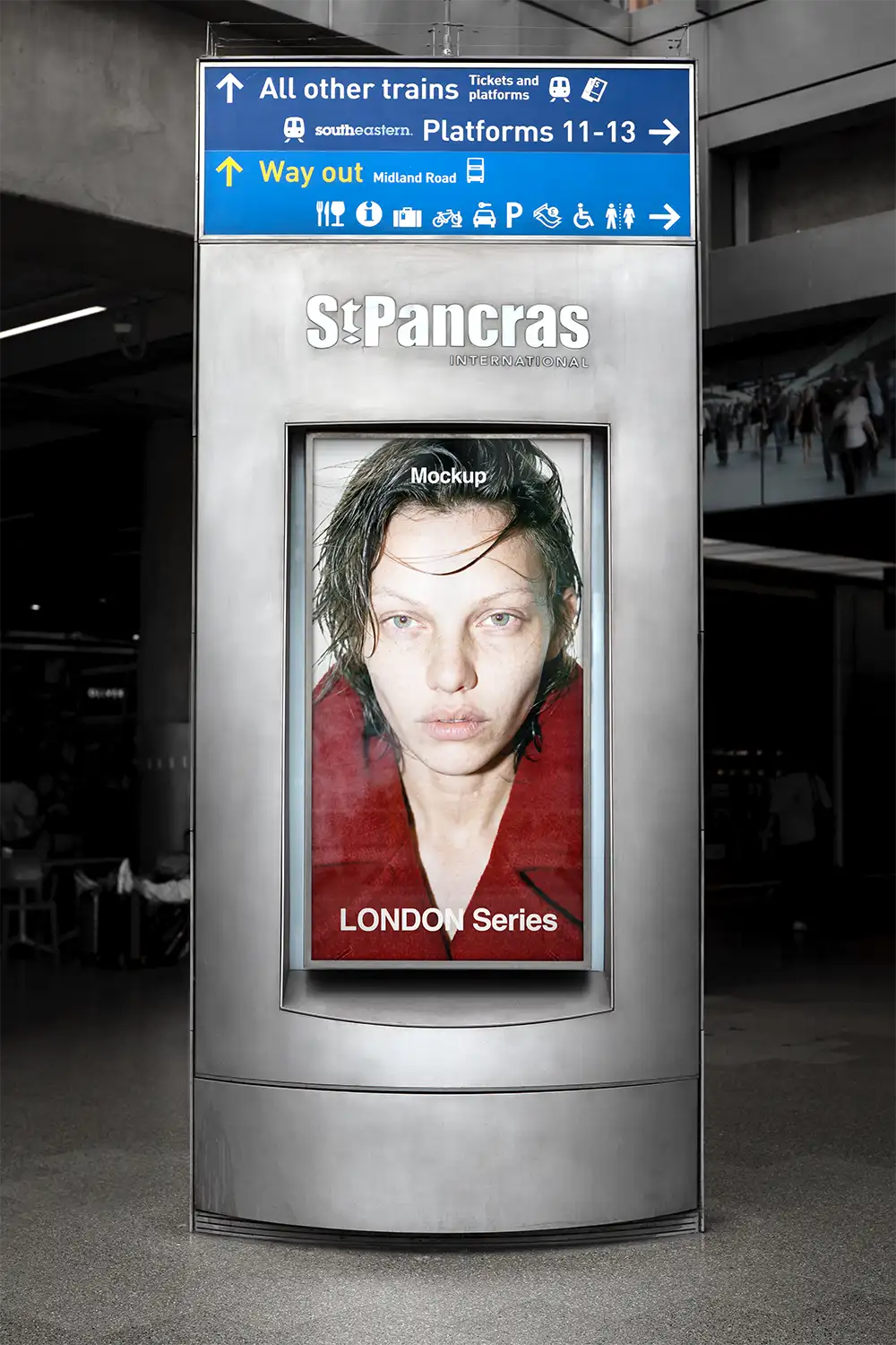 Billboard mockup at St Pancras Train Station at the exit of the London Underground © BRANDACLE MOCKUPS 2026. All rights reserved.