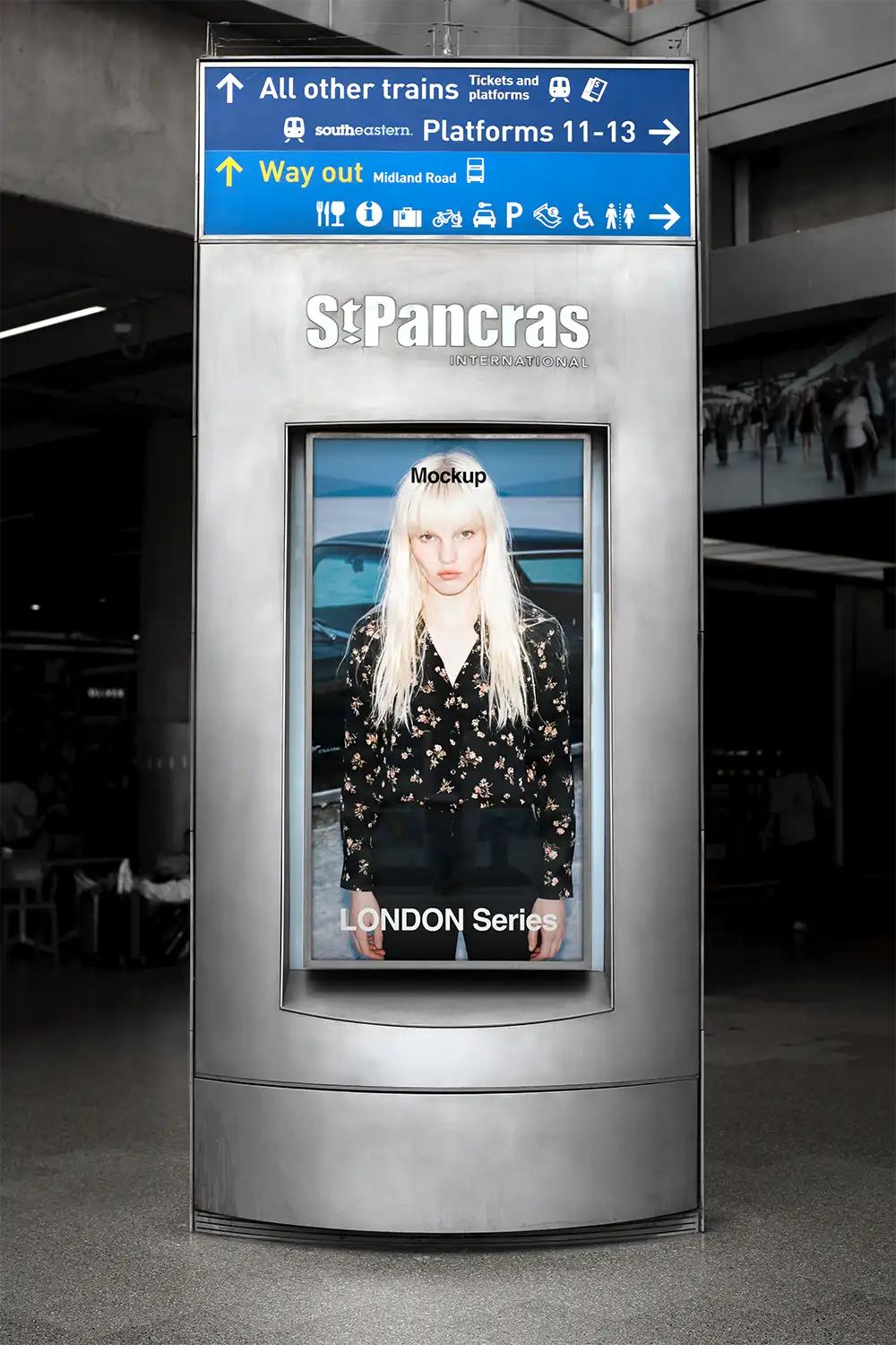 Billboard mockup at St Pancras Train Station at the exit of the London Underground © BRANDACLE MOCKUPS 2026. All rights reserved.
