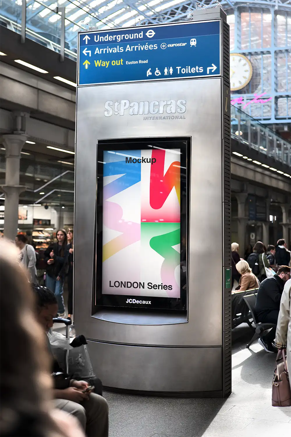 Billboard mockup in London St Pancras Train Station, London Underground. © BRANDACLE MOCKUPS 2026. All rights reserved.
