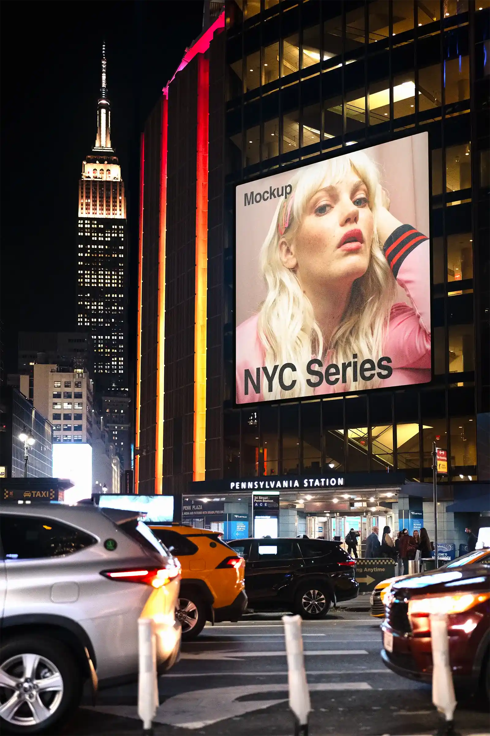 Billboard mockup on Times Square in New York, Manhattan, against the backdrop of the Empire State Building. © BRANDACLE MOCKUPS 2026. 