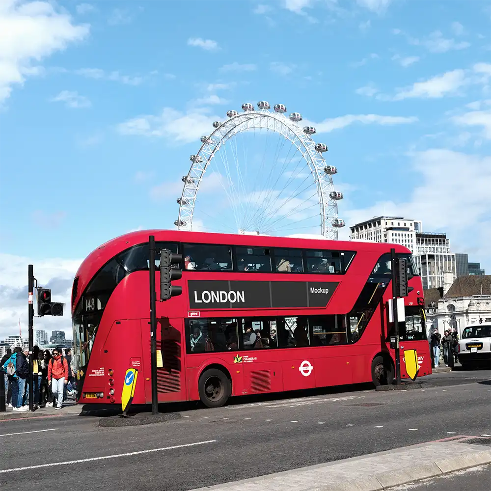 Red London Bus Mockup in Westminster - Brandacle