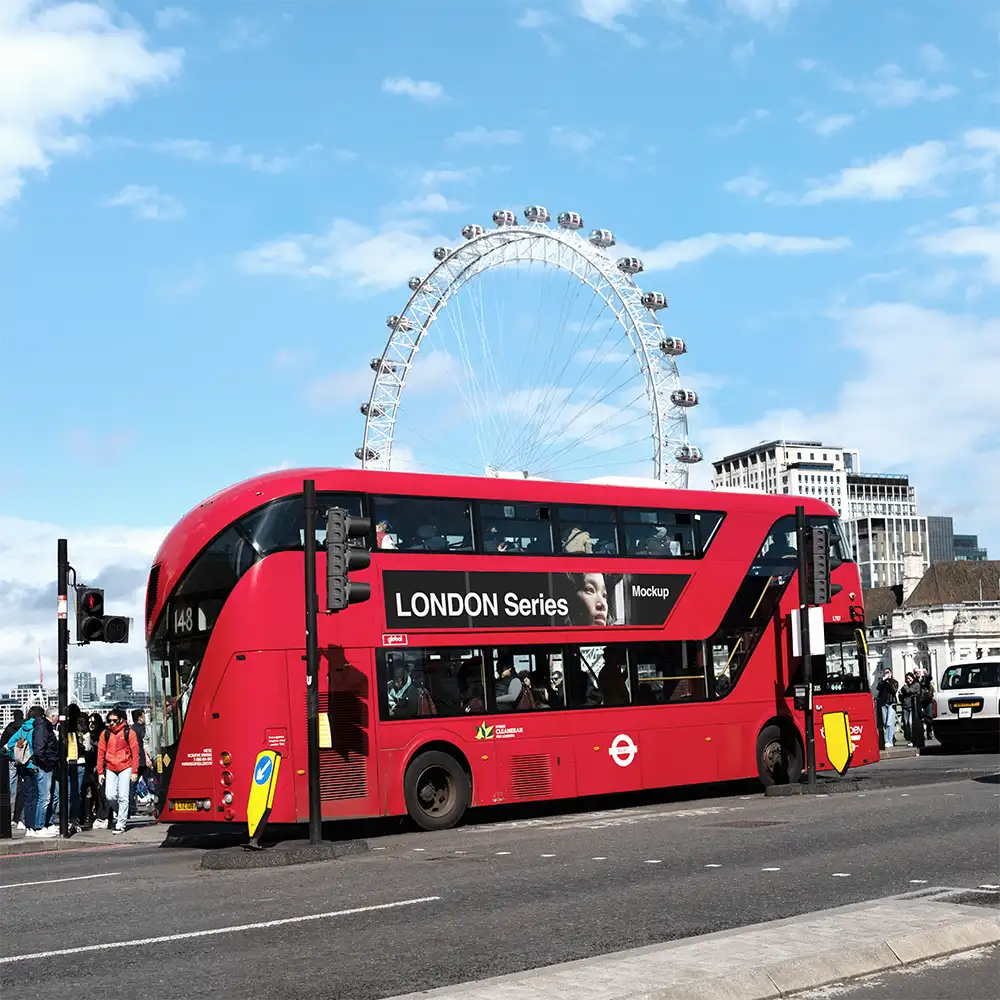 Red Bus Mockup in London. © BRANDACLE MOCKUPS 2026. All rights reserved.