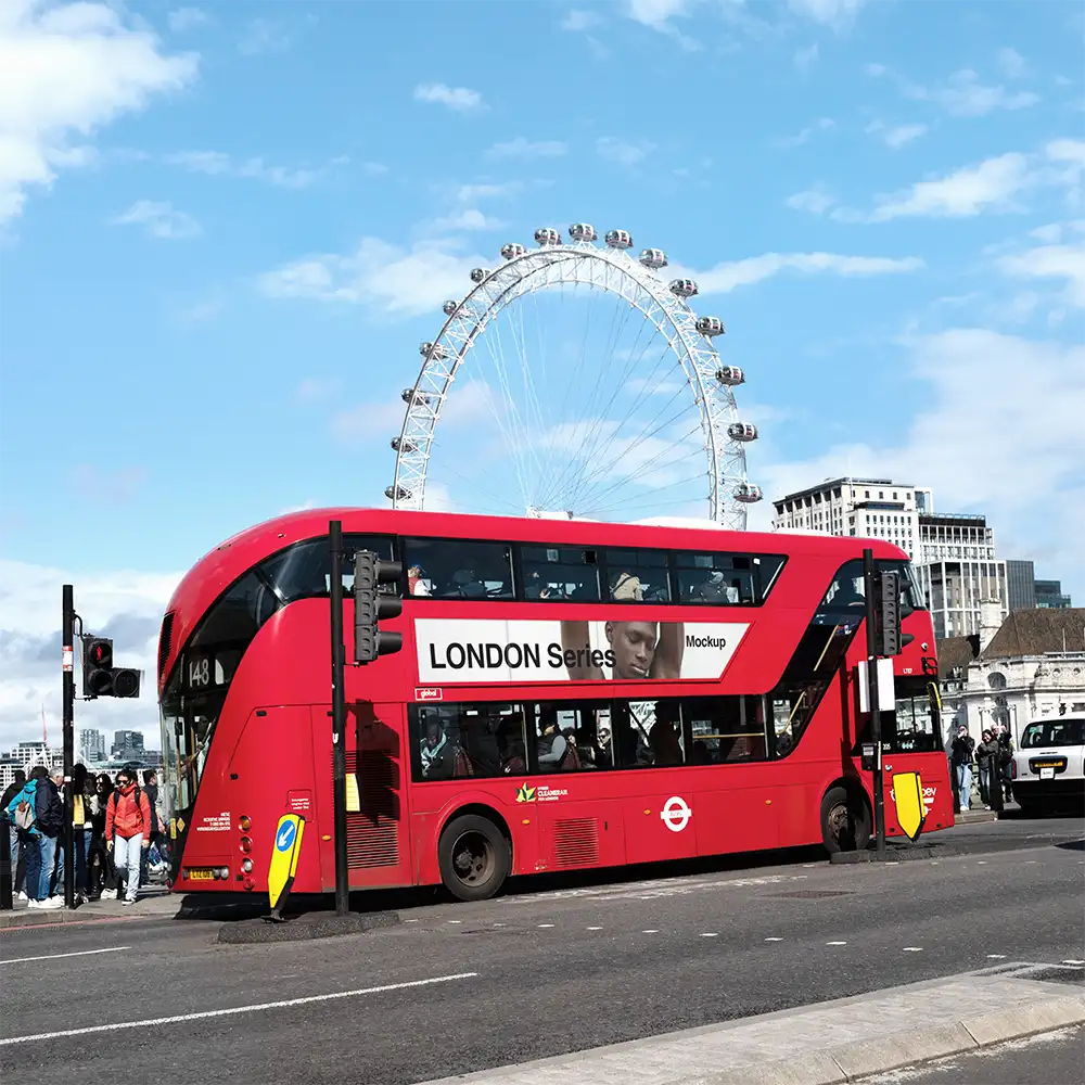 Red Bus Mockup in London. © BRANDACLE MOCKUPS 2026. All rights reserved.