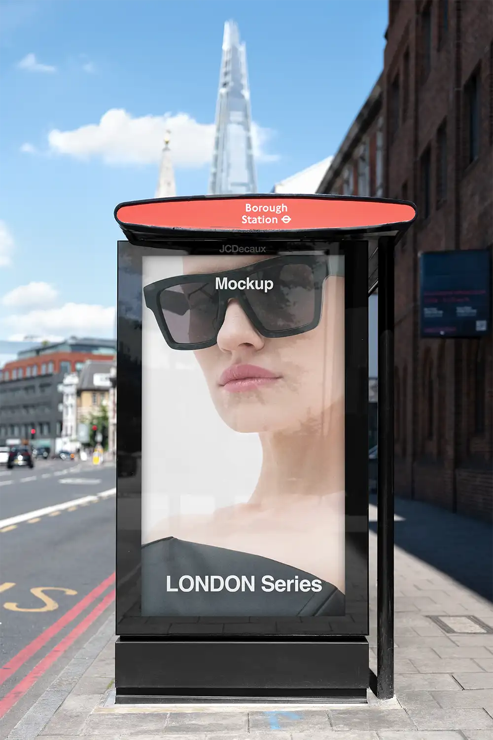 Billboard mockup on a bus shelter next to the Shard in London © BRANDACLE MOCKUPS 2026.