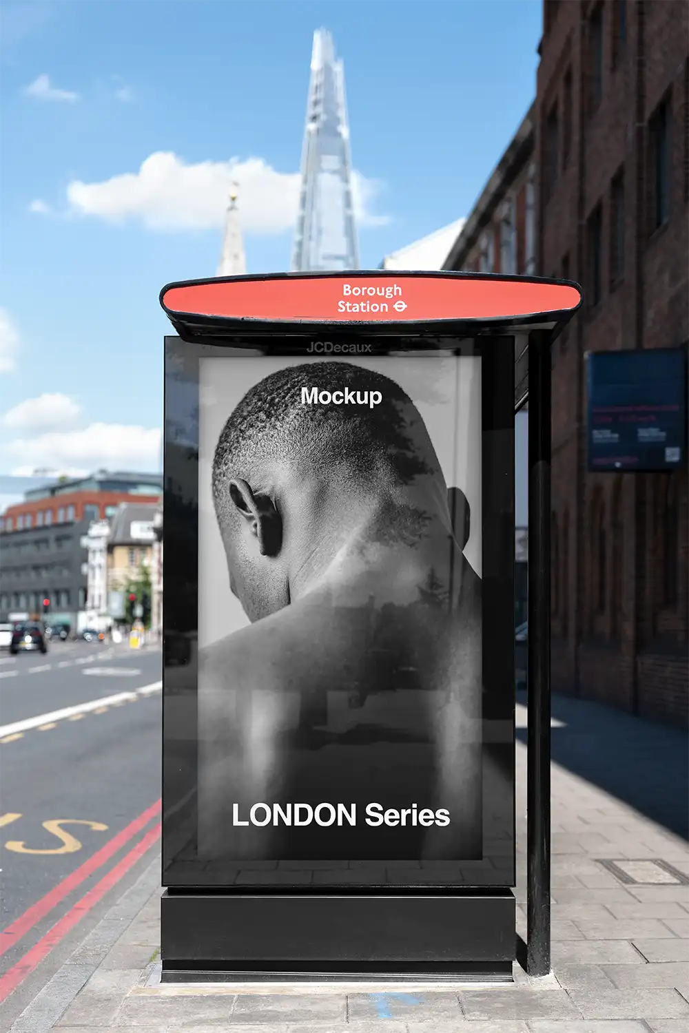 Billboard mockup on a bus shelter next to the Shard in London © BRANDACLE MOCKUPS 2026.