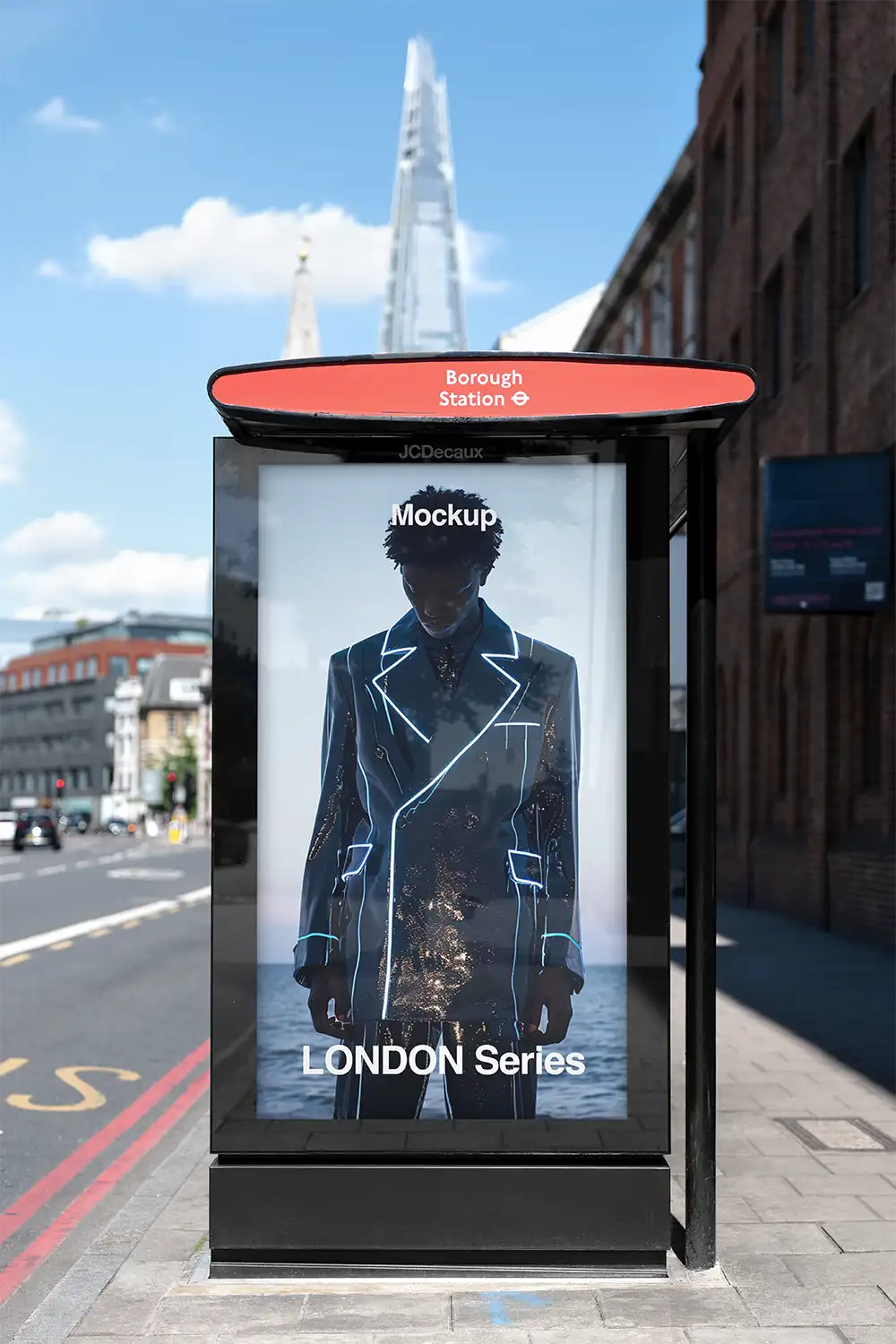 Billboard mockup on a bus shelter next to the Shard in London © BRANDACLE MOCKUPS 2026.