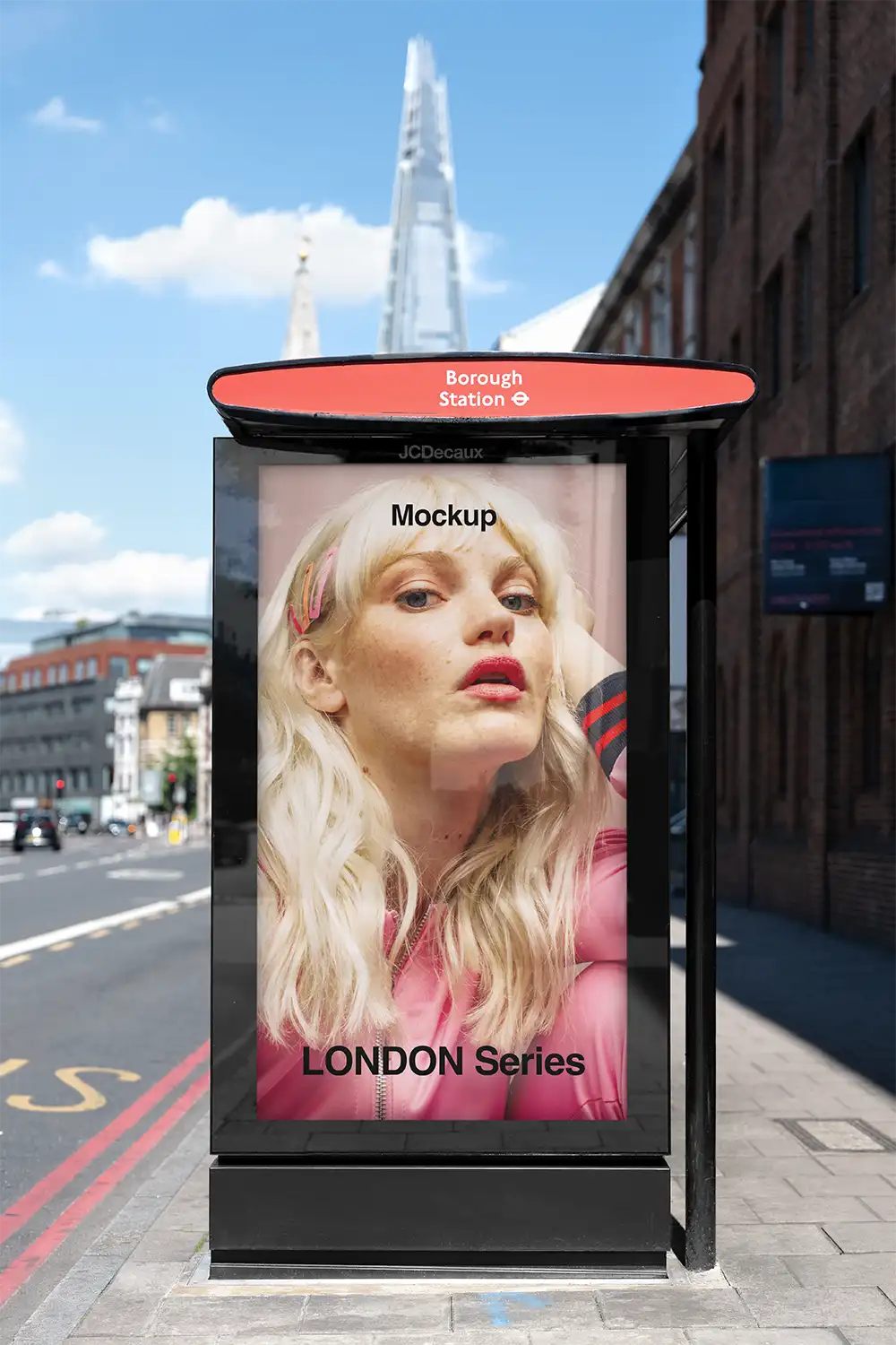 Billboard mockup on a bus shelter next to the Shard in London © BRANDACLE MOCKUPS 2026.