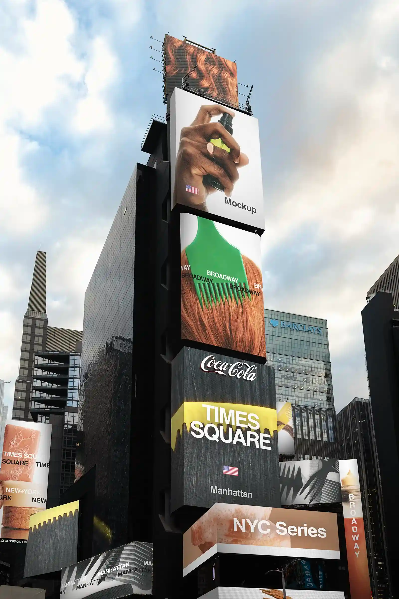 Billboard mockup on Times square subway in New York, United States. Digital screens PSD Mockup for Photoshop to showcase your design 1