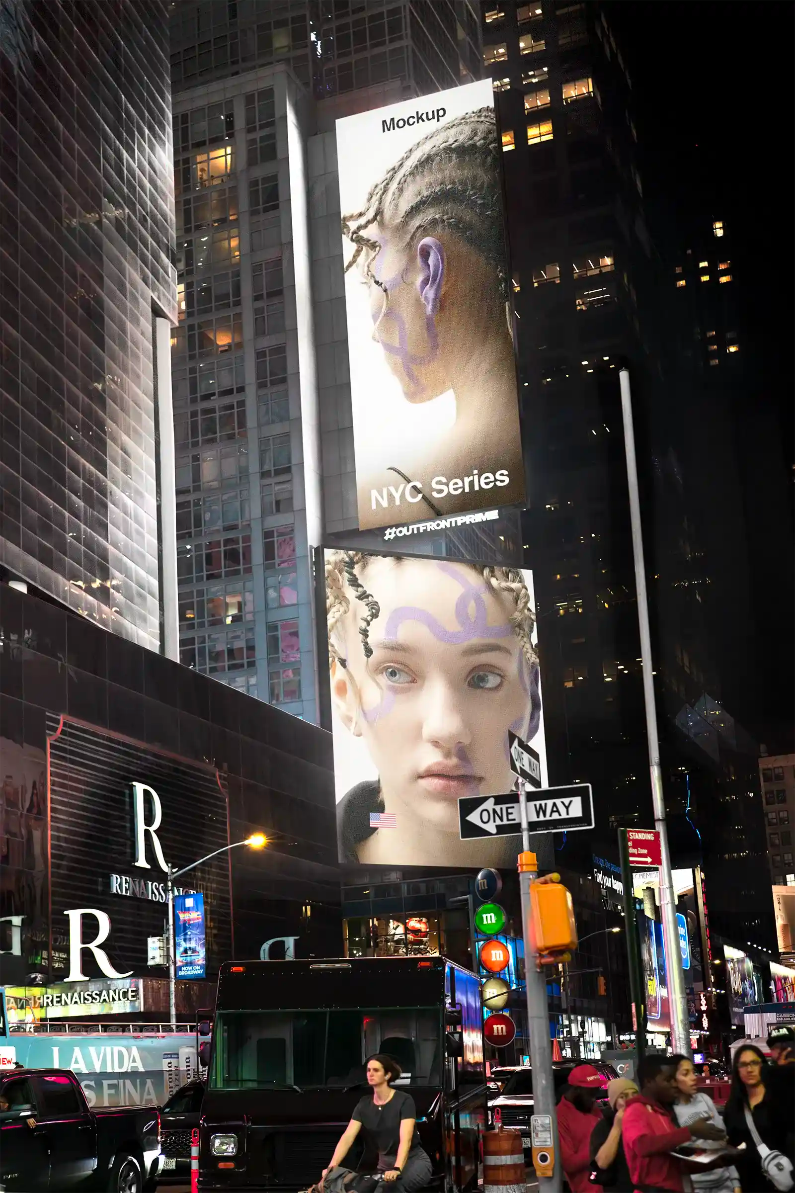 Billboard mockup on Times square in New York, United States. PSD Mockup on Photoshop for your design 