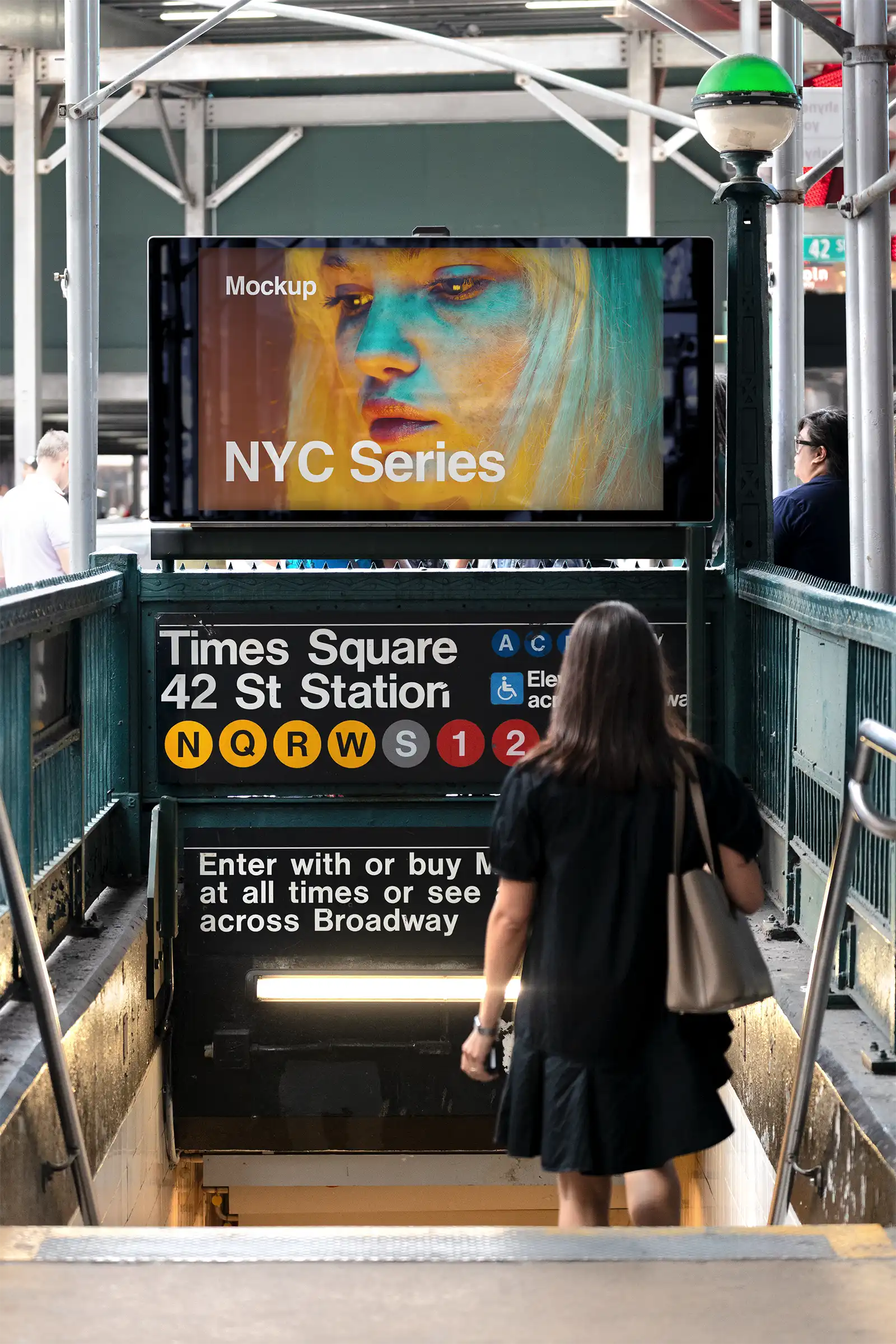 Digital billboard mockup at a subway entrance on Times Square, New York