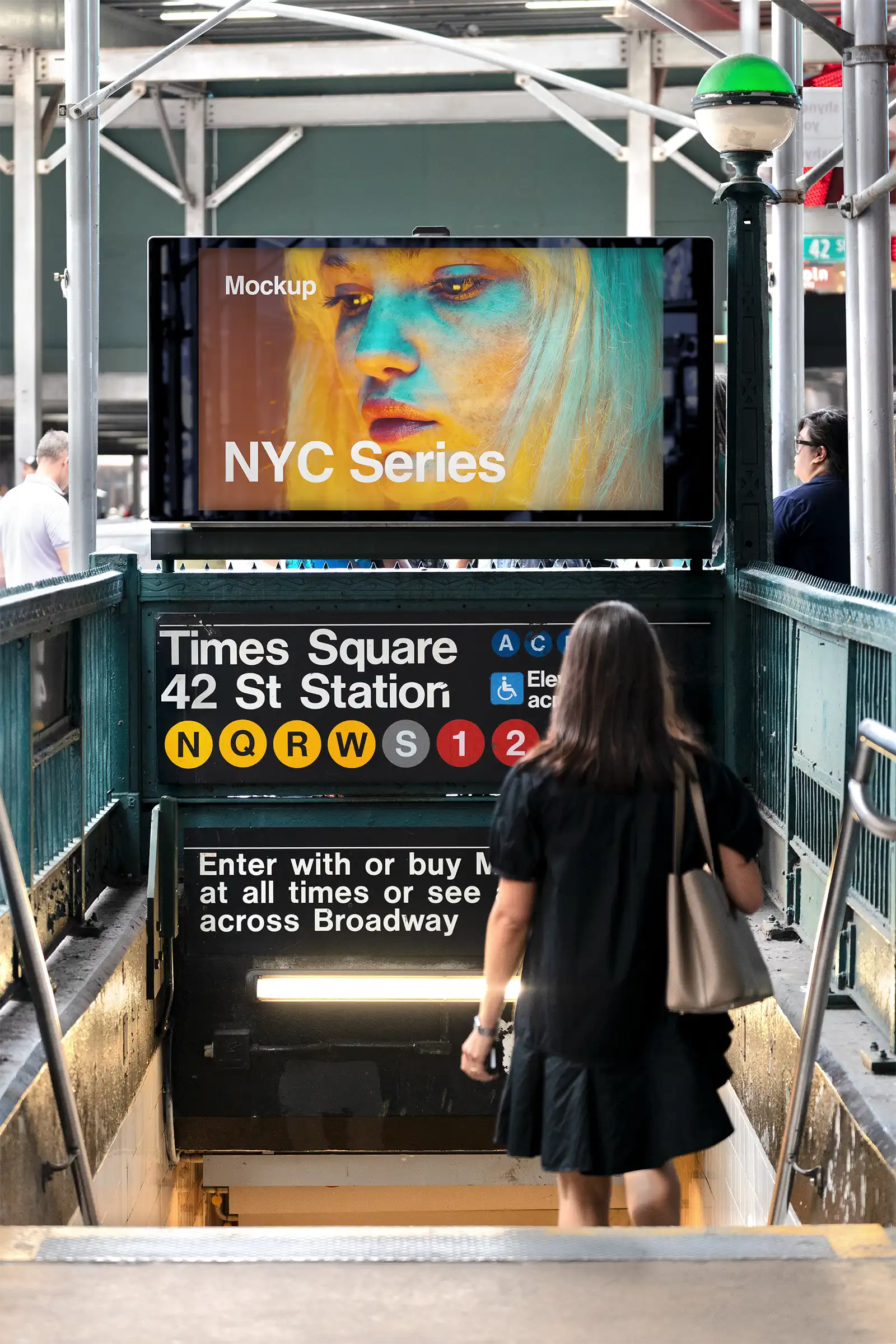 Digital billboard mockup at a subway entrance on Times Square in New York