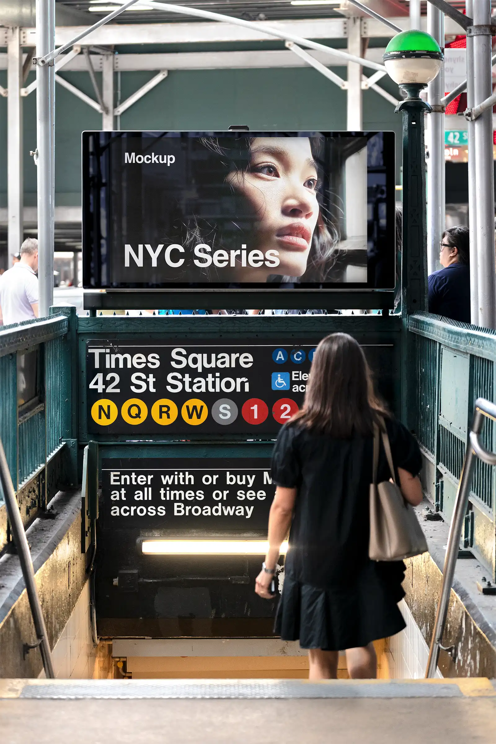 Digital billboard mockup at a subway entrance on Times Square in New York
