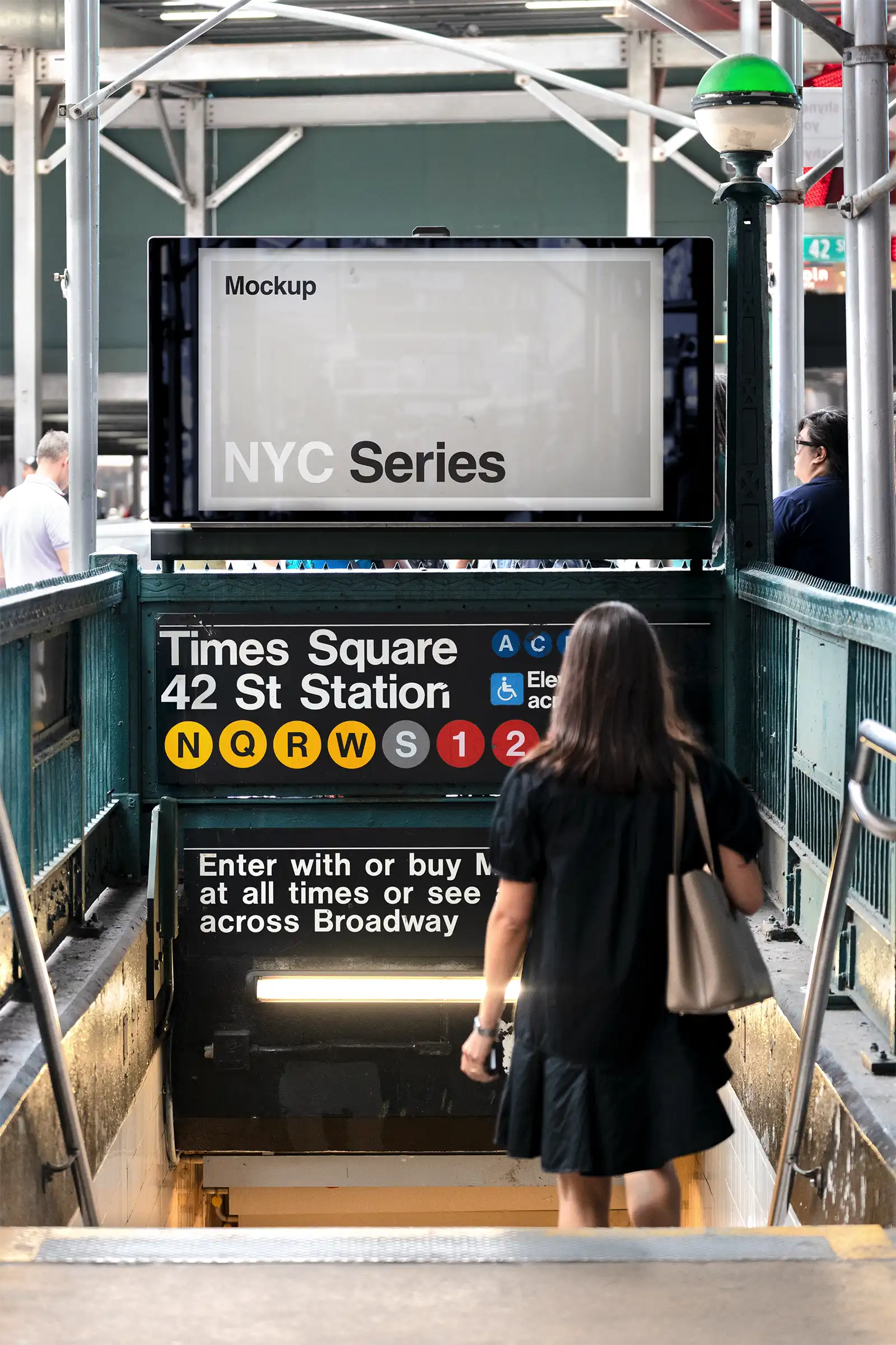 Digital billboard mockup at a subway entrance on Times Square in New York