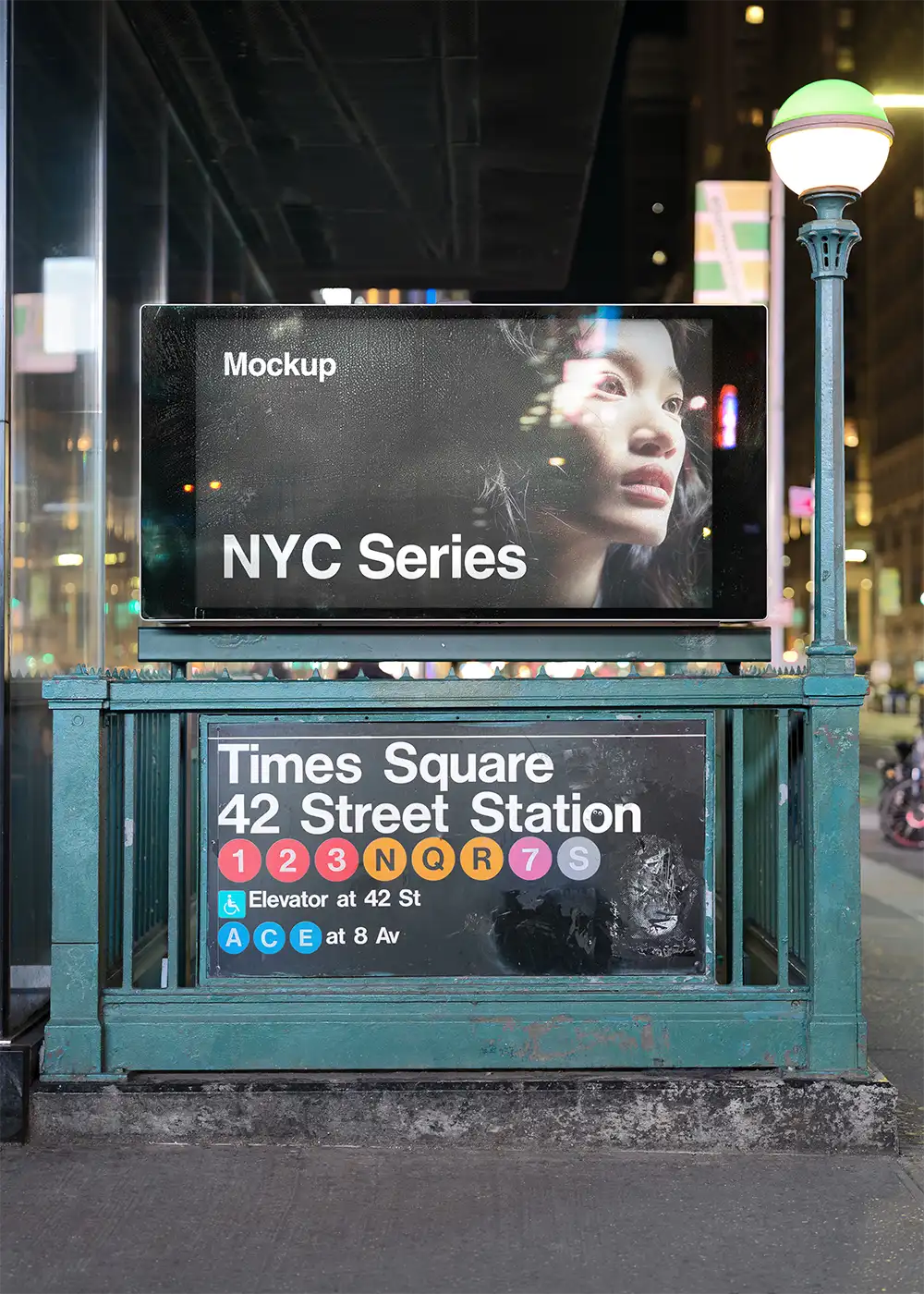 Billboard mockup at the entrance of a NYC subway station on Times Square in New York